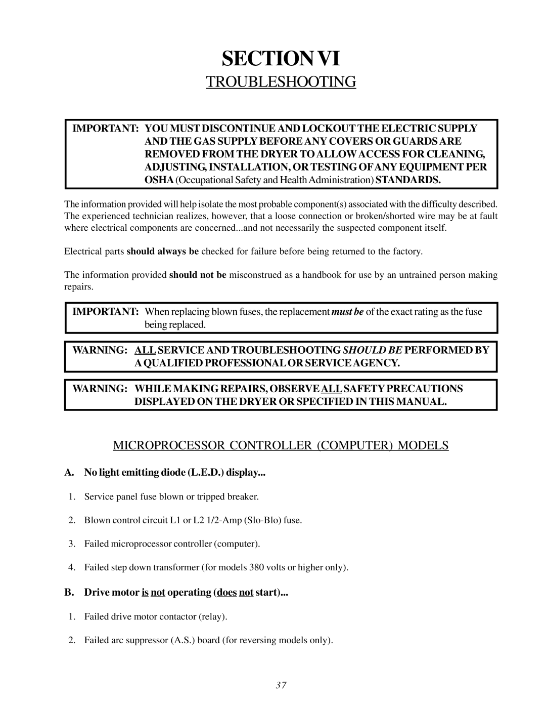 American Dryer Corp MDG75V installation manual Troubleshooting, Microprocessor Controller Computer Models 