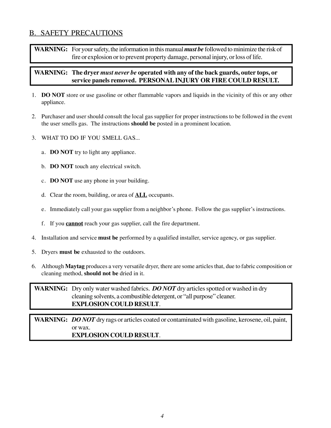 American Dryer Corp MDG75V installation manual Safety Precautions, What to do if YOU Smell GAS 