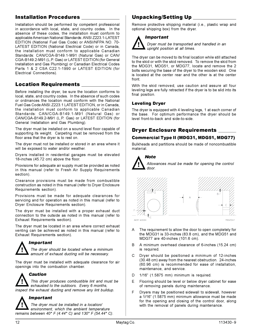 American Dryer Corp MDG77, MDG31 manual Installation Procedures, Location Requirements, Unpacking/Setting Up 