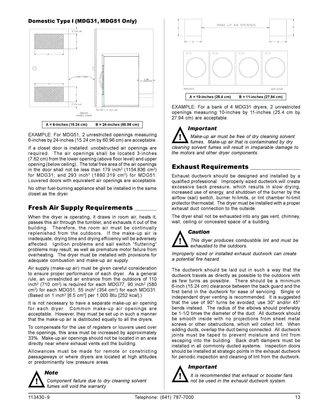 American Dryer Corp MDG77 manual Fresh Air Supply Requirements, Exhaust Requirements, Domestic Type I MDG31, MDG51 Only 