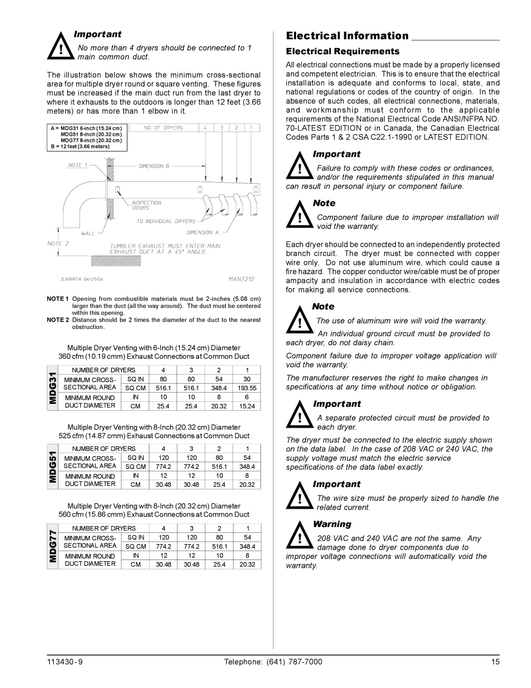 American Dryer Corp MDG31, MDG77 manual Electrical Information, Electrical Requirements 