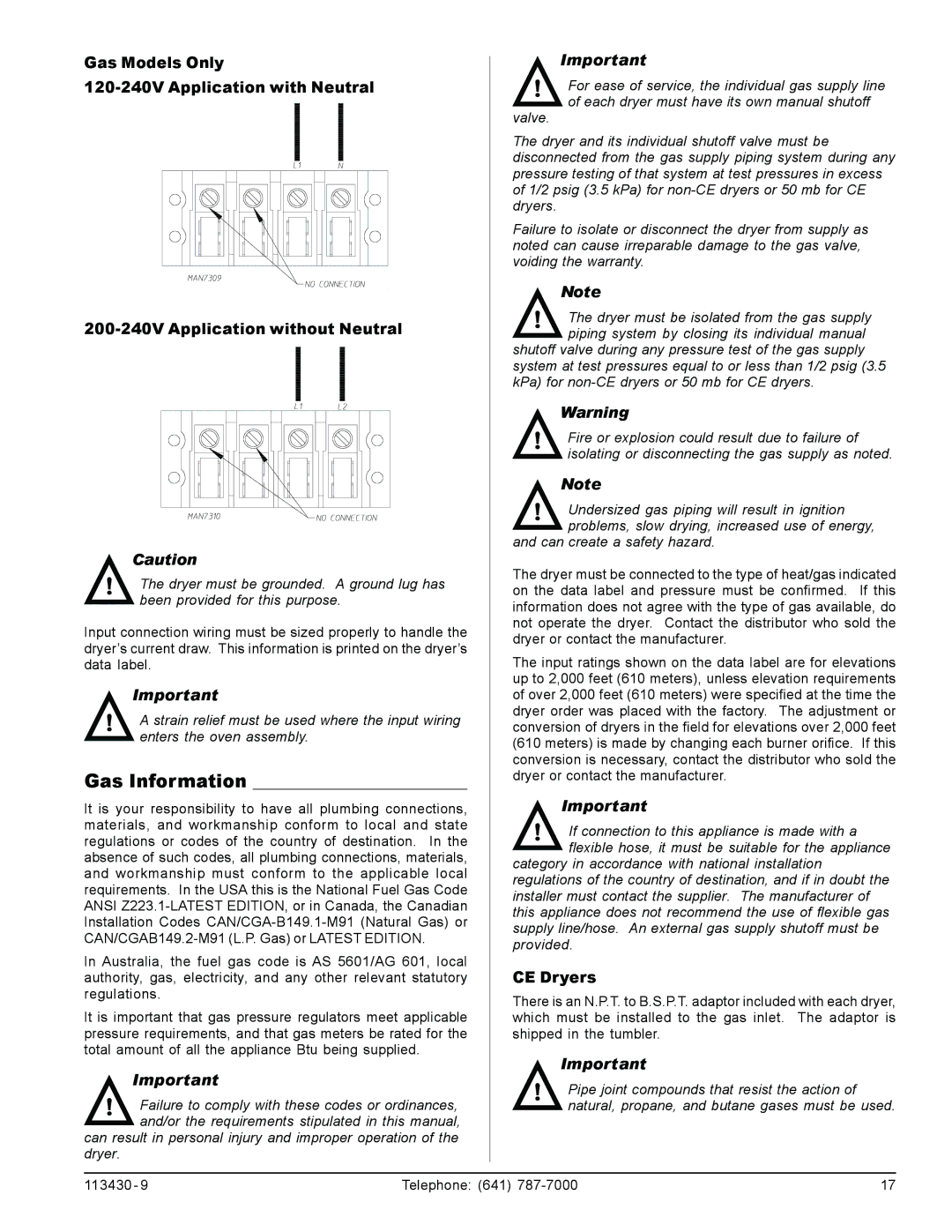 American Dryer Corp MDG31, MDG77 manual Gas Information, CE Dryers 