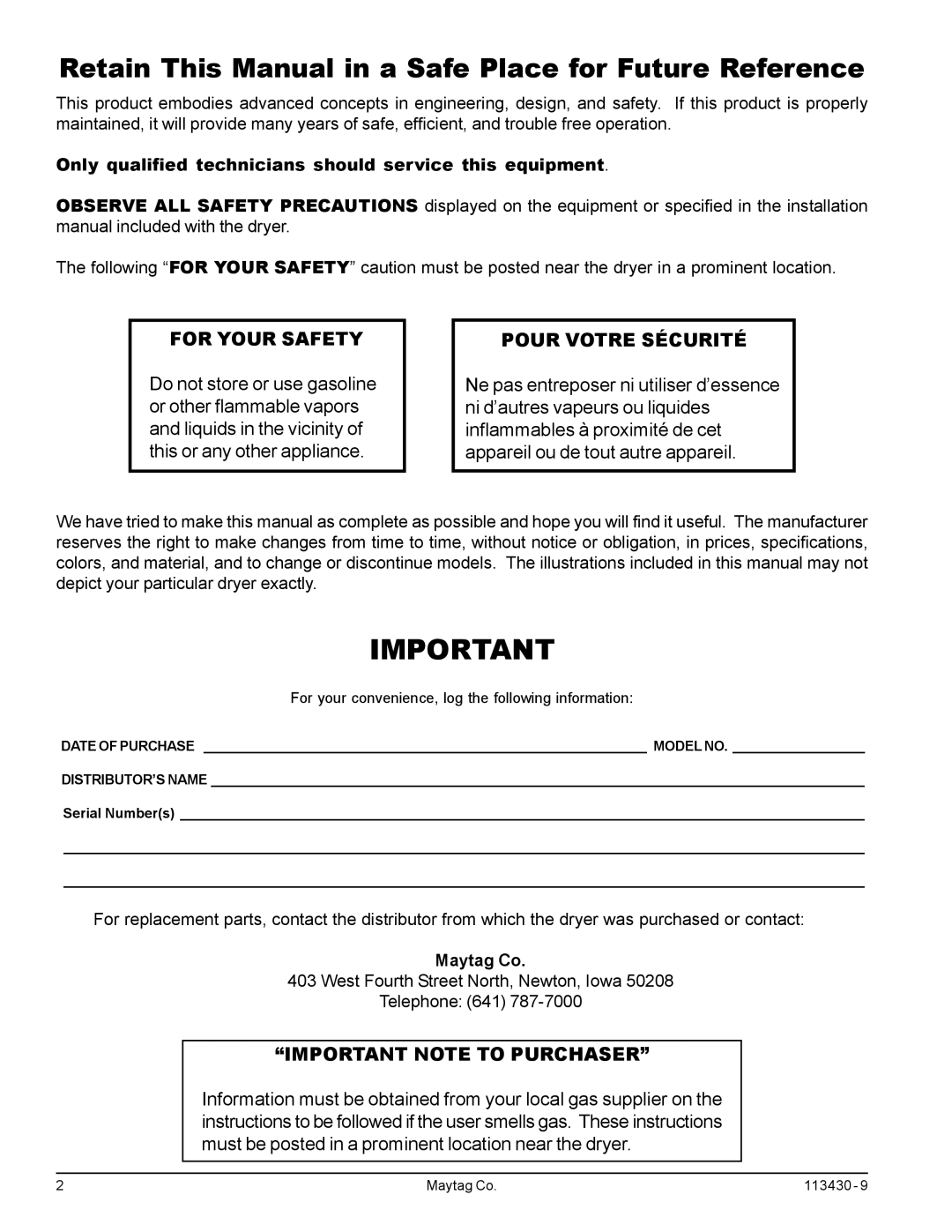 American Dryer Corp MDG77, MDG31 manual Retain This Manual in a Safe Place for Future Reference 