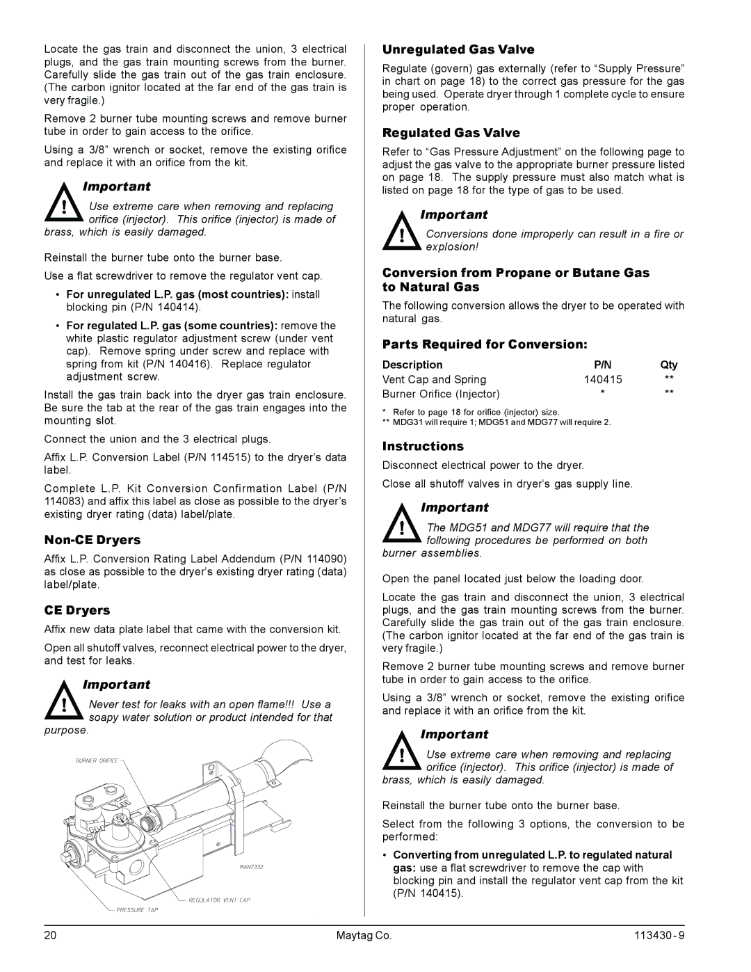 American Dryer Corp MDG77, MDG31 manual Non-CE Dryers, Unregulated Gas Valve, Regulated Gas Valve 