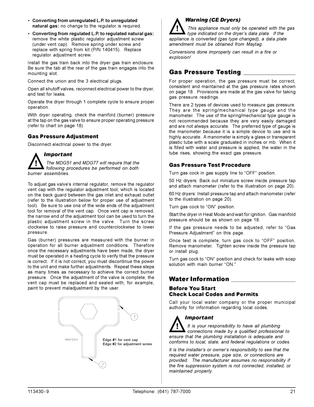 American Dryer Corp MDG31 Gas Pressure Testing, Water Information, Gas Pressure Adjustment, Gas Pressure Test Procedure 