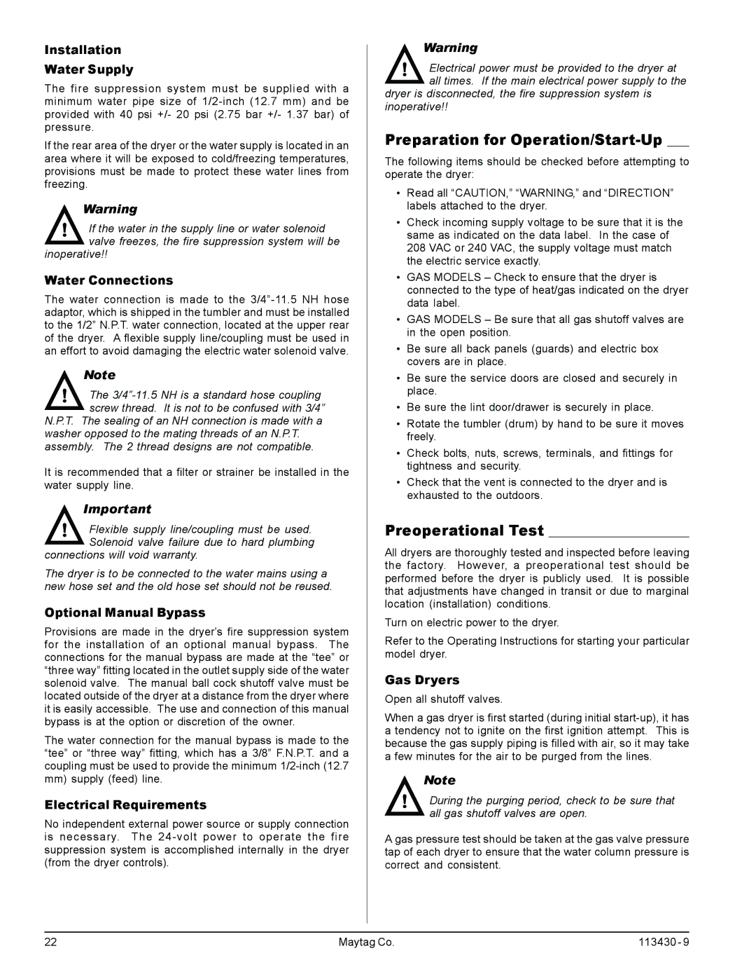 American Dryer Corp MDG77, MDG31 manual Preparation for Operation/Start-Up, Preoperational Test 