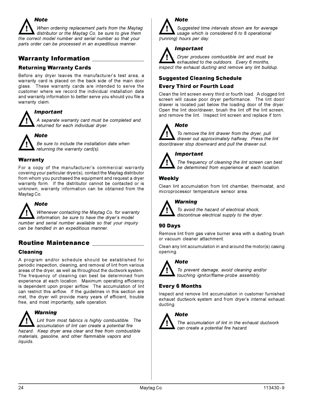 American Dryer Corp MDG77, MDG31 manual Warranty Information, Routine Maintenance 