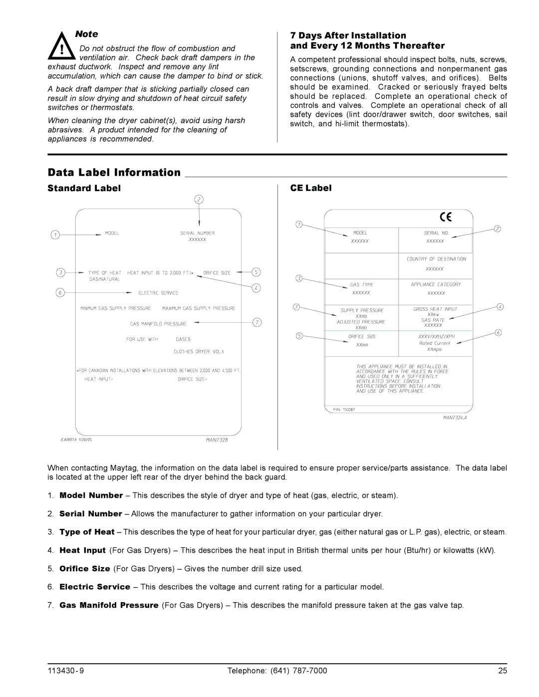 American Dryer Corp MDG31, MDG77 manual Data Label Information, Days After Installation Every 12 Months Thereafter 