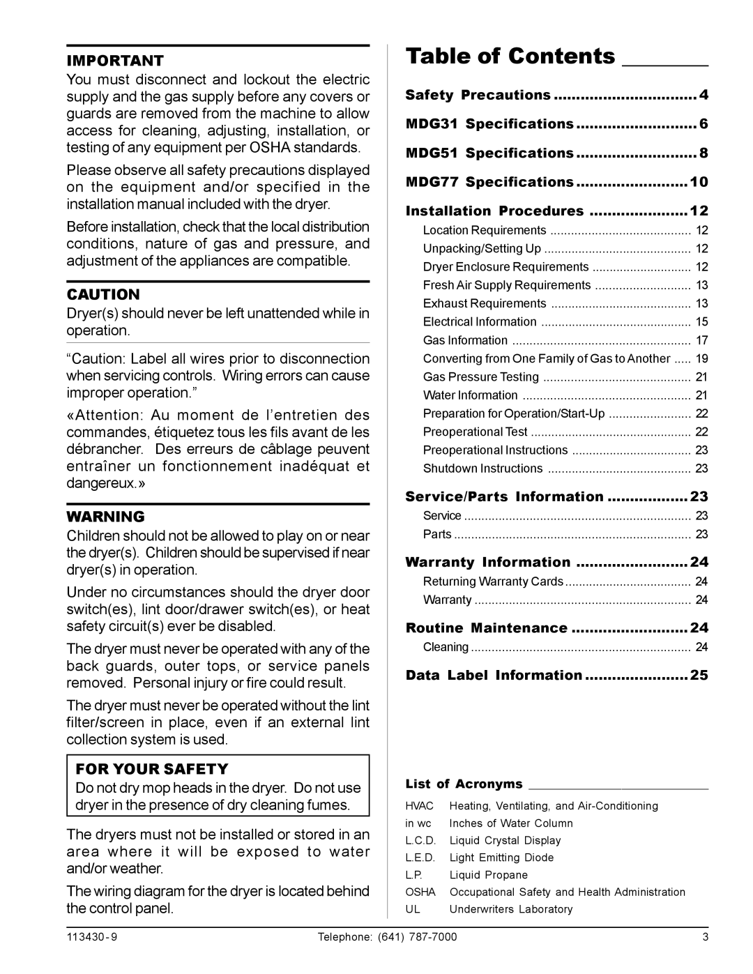 American Dryer Corp MDG31, MDG77 manual Table of Contents 