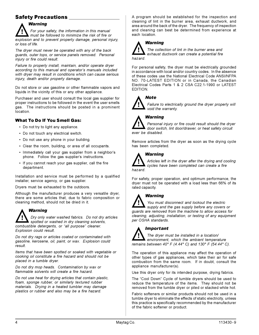 American Dryer Corp MDG77, MDG31 manual Safety Precautions, What To Do If You Smell Gas 