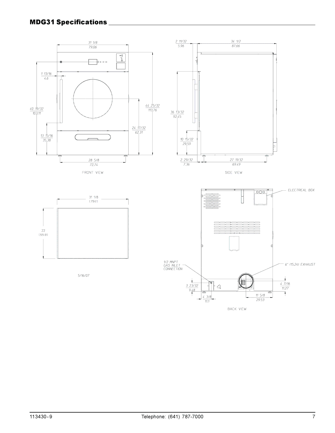 American Dryer Corp MDG77 manual MDG31 Specifications 