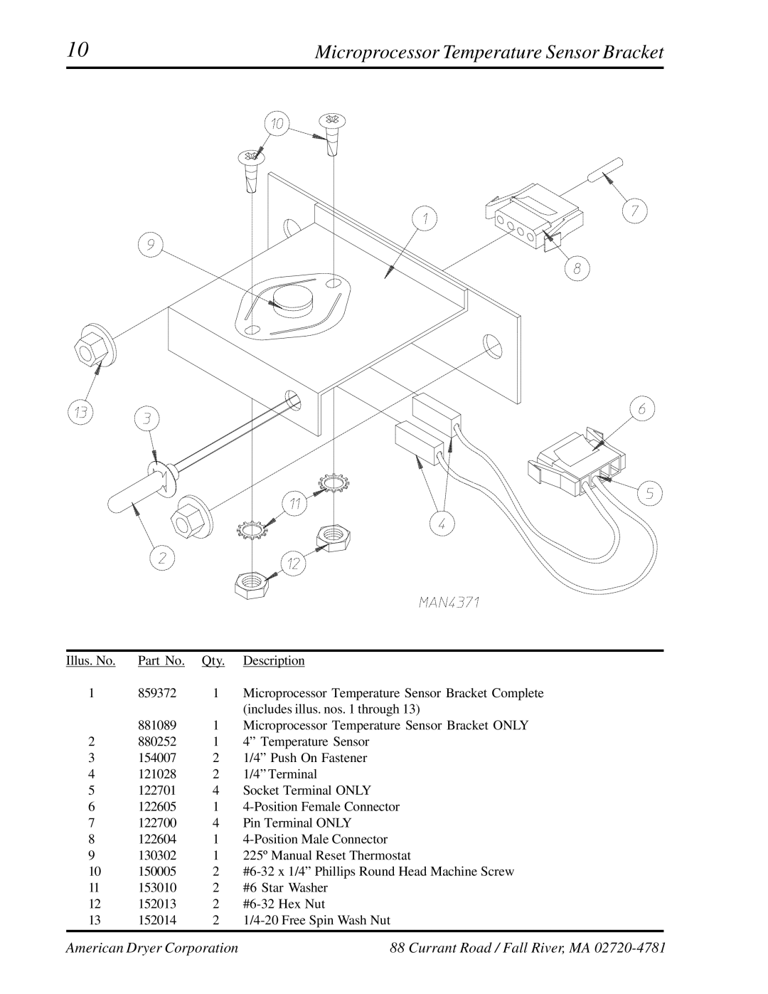 American Dryer Corp ML-122 manual Microprocessor Temperature Sensor Bracket 