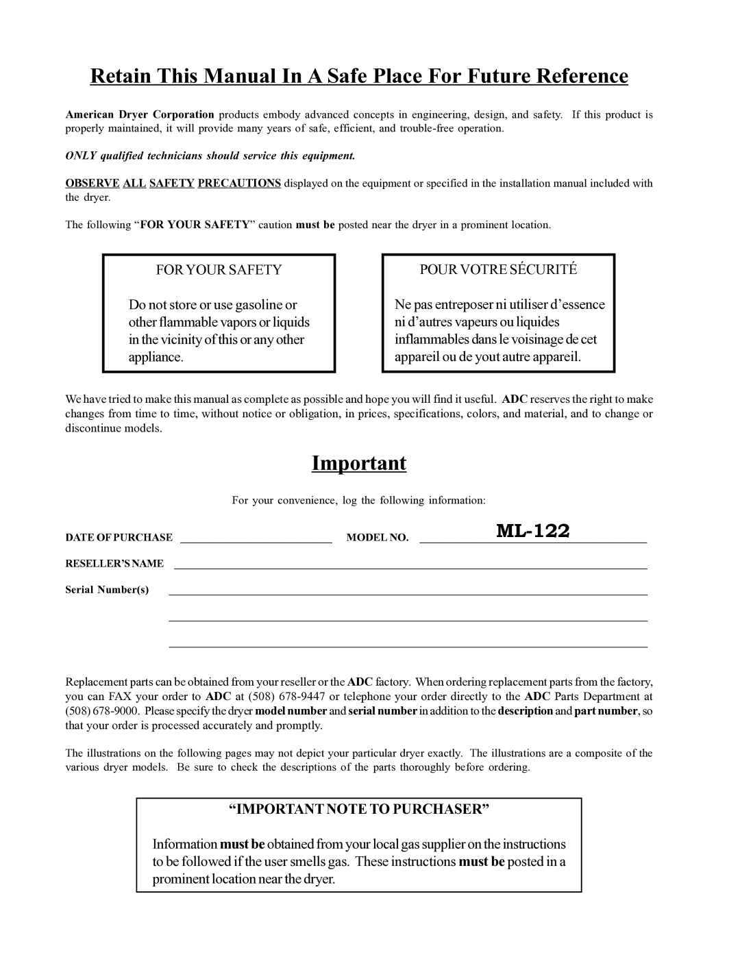 American Dryer Corp ML-122 manual Retain This Manual In a Safe Place For Future Reference 