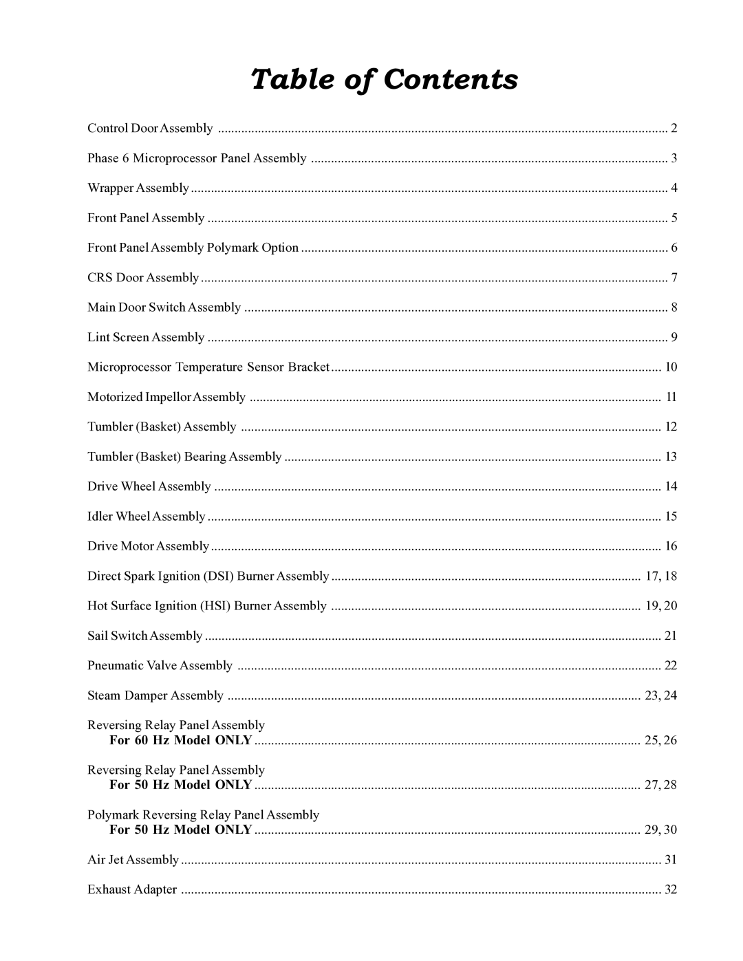 American Dryer Corp ML-122 manual Table of Contents 