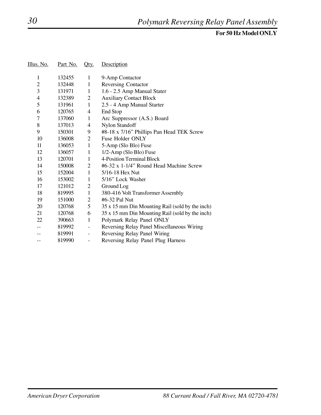 American Dryer Corp ML-122 manual Polymark Reversing Relay Panel Assembly 