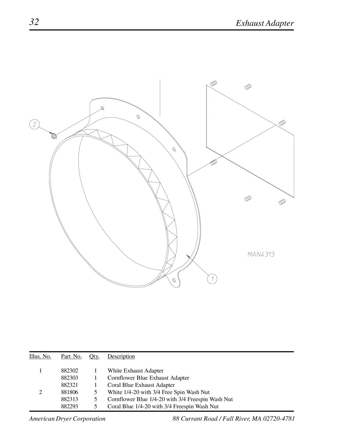 American Dryer Corp ML-122 manual Exhaust Adapter 