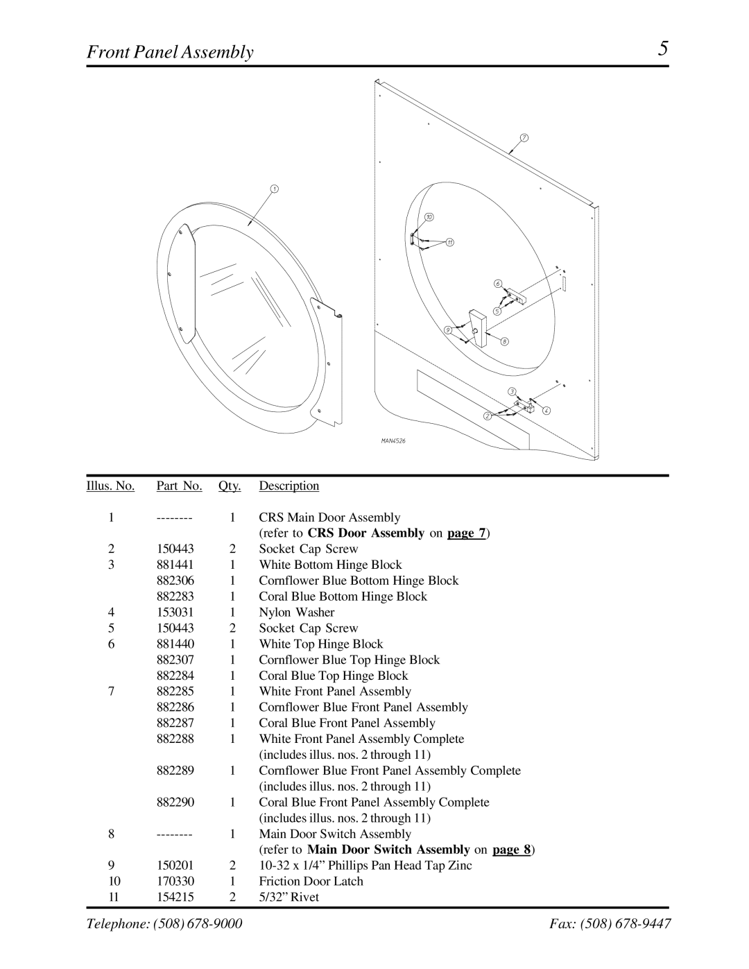 American Dryer Corp ML-122 manual Front Panel Assembly, Refer to CRS Door Assembly on 