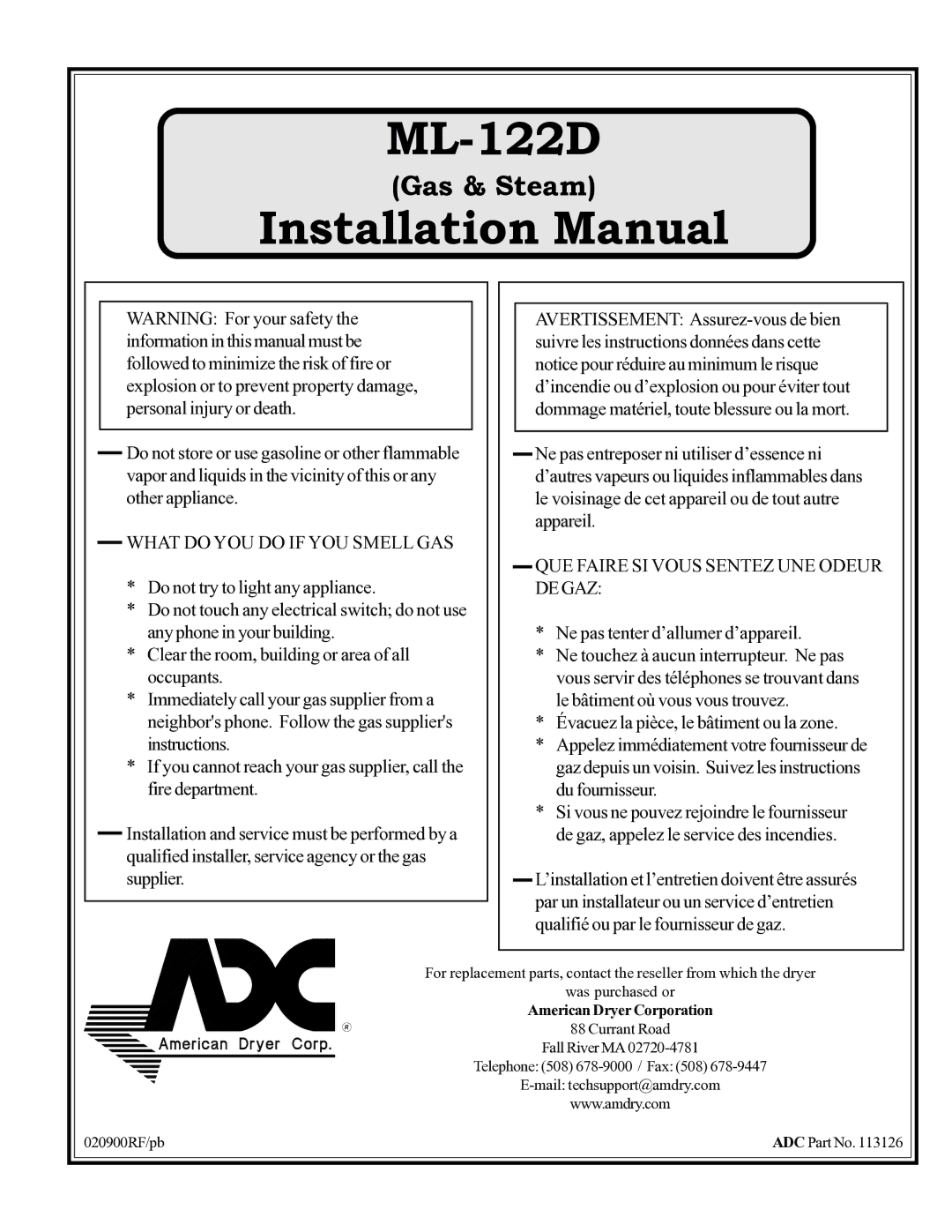 American Dryer Corp ML-122D installation manual 