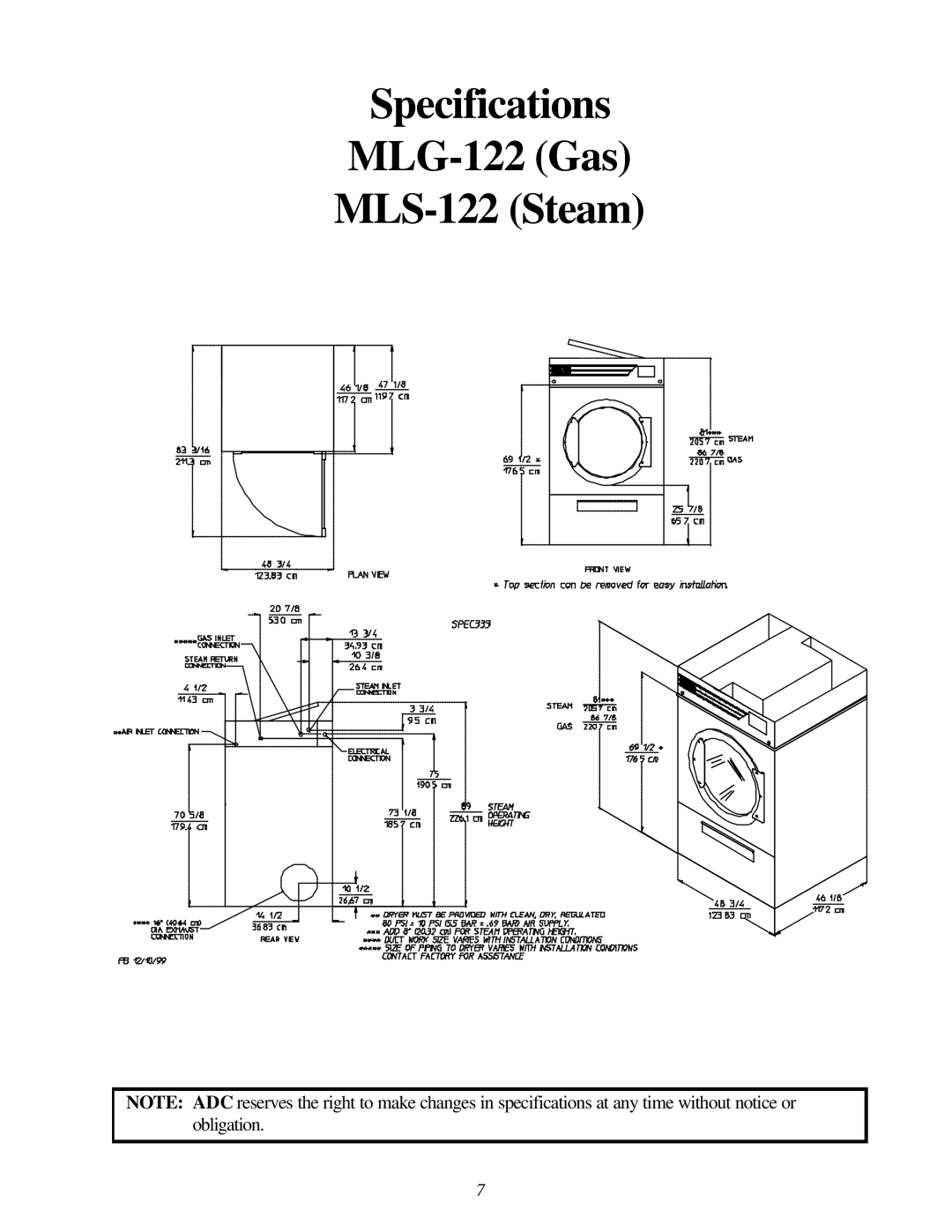 American Dryer Corp ML-122D installation manual Specifications MLG-122 Gas MLS-122 Steam 