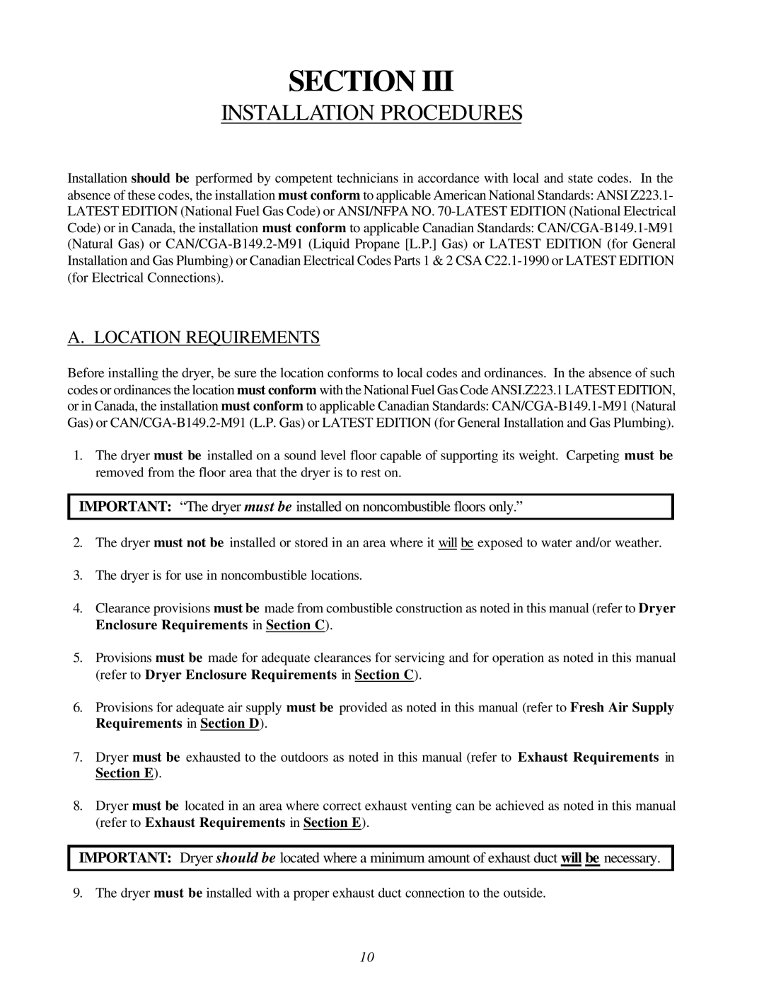 American Dryer Corp ML-122D installation manual Installation Procedures, Location Requirements 