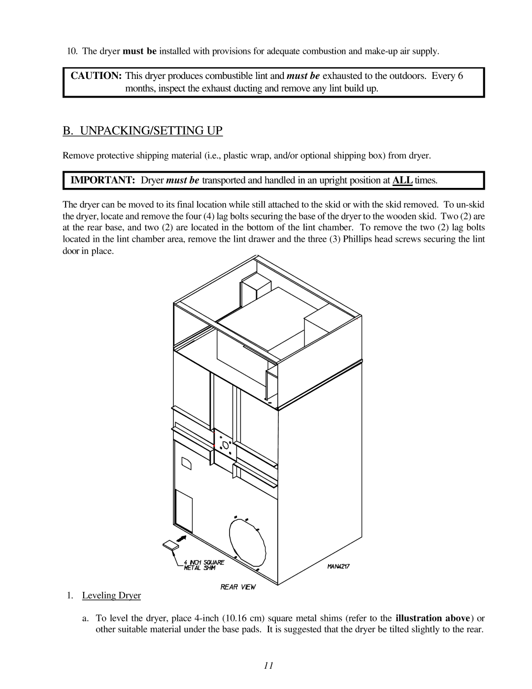 American Dryer Corp ML-122D installation manual Unpacking/Setting Up 