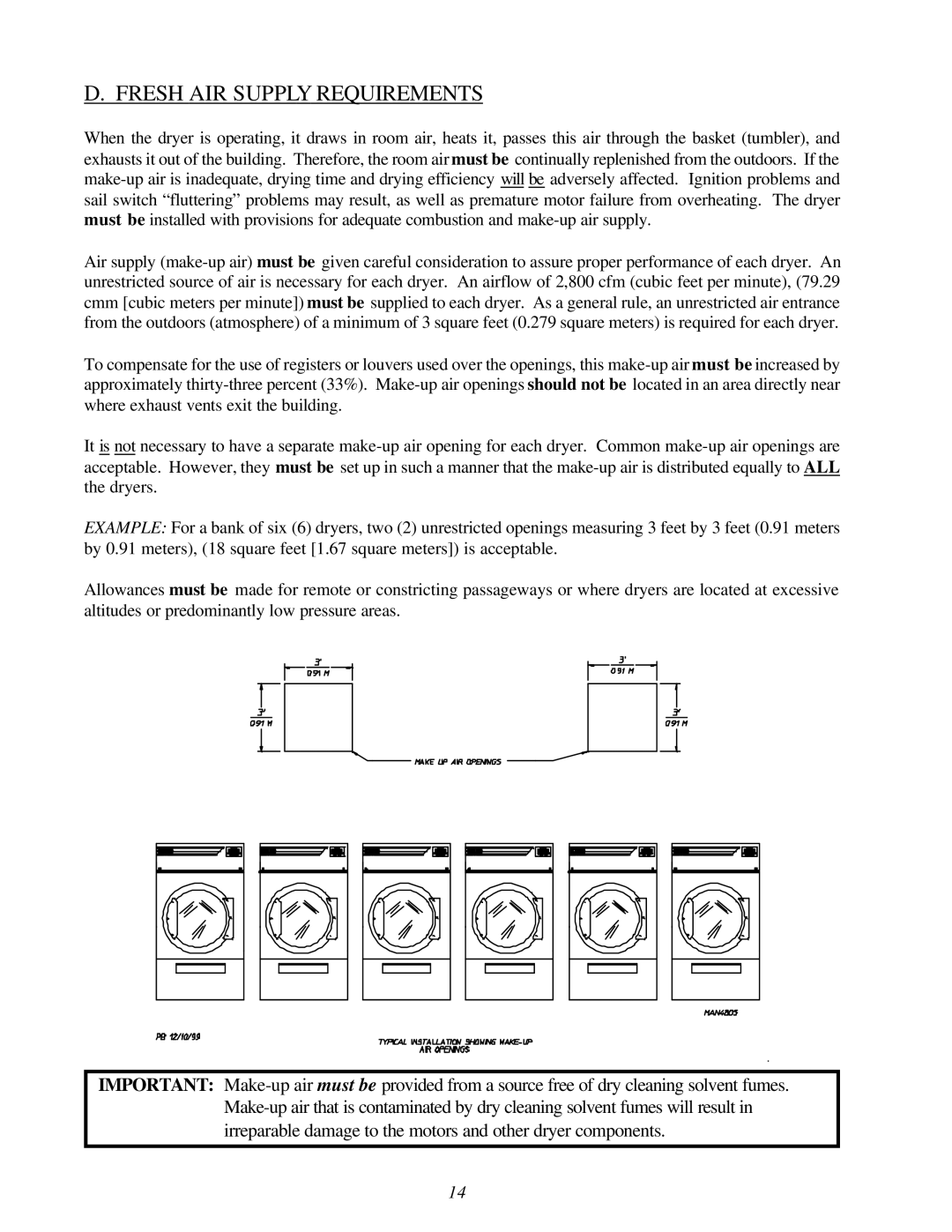 American Dryer Corp ML-122D installation manual Fresh AIR Supply Requirements 