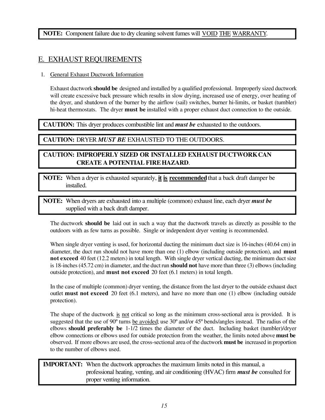 American Dryer Corp ML-122D installation manual Exhaust Requirements 