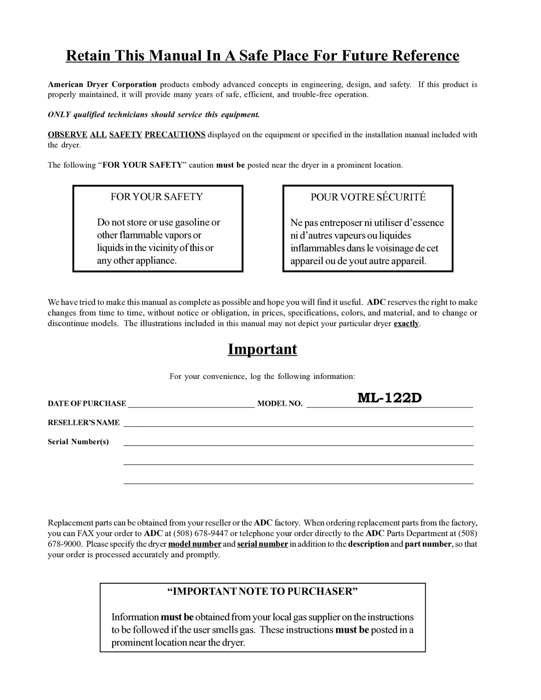 American Dryer Corp ML-122D installation manual Retain This Manual In a Safe Place For Future Reference 