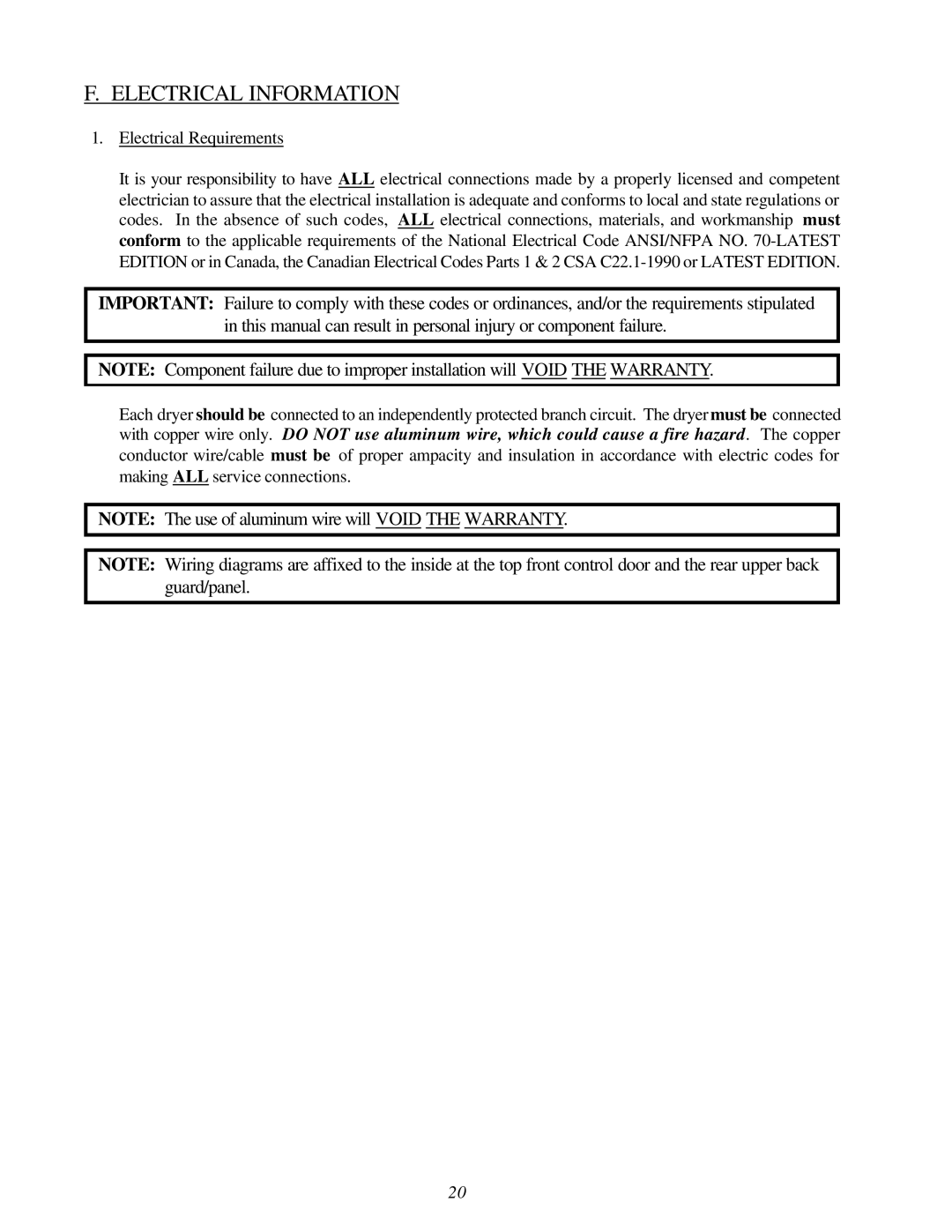 American Dryer Corp ML-122D installation manual Electrical Information, Electrical Requirements 