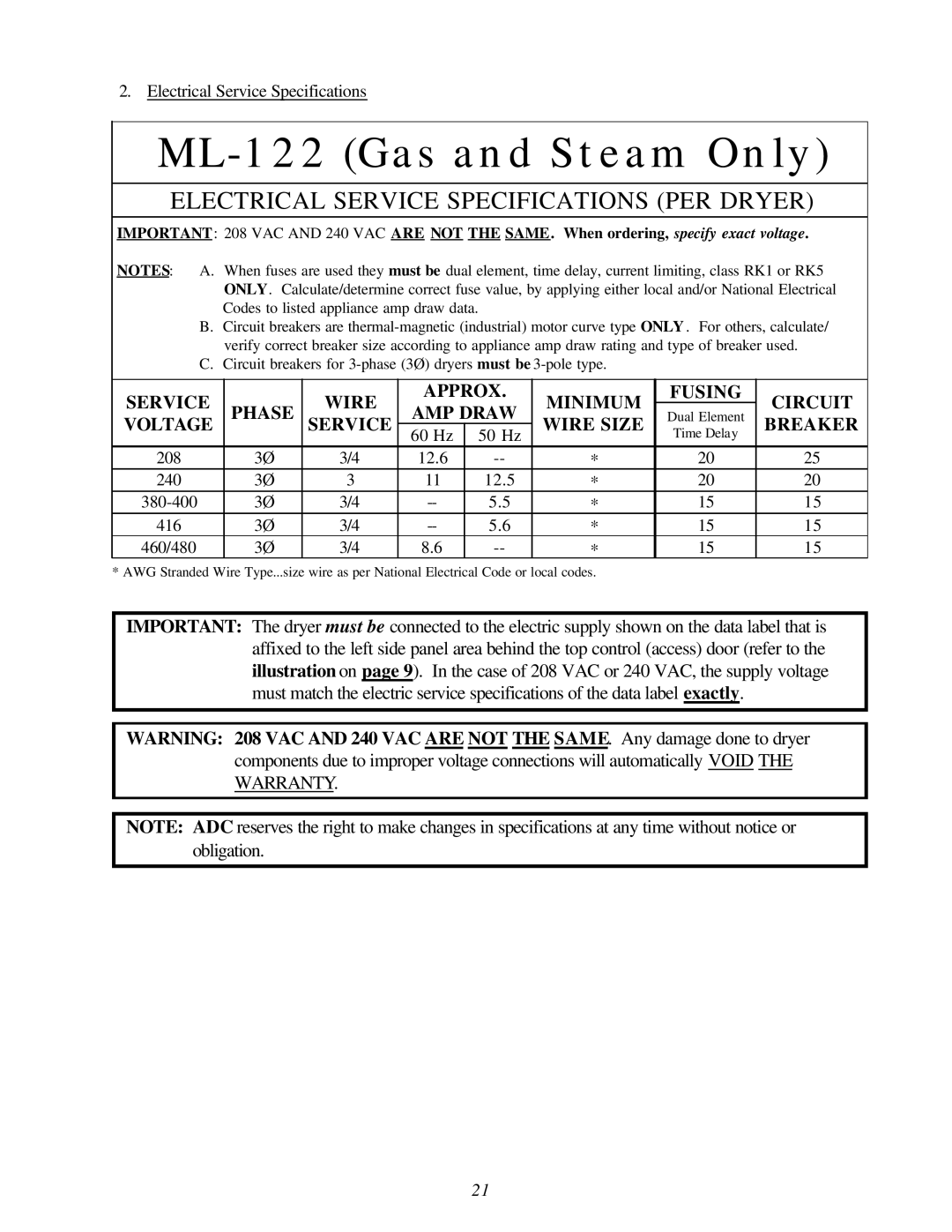 American Dryer Corp ML-122D installation manual ML-122 Gas and Steam Only 