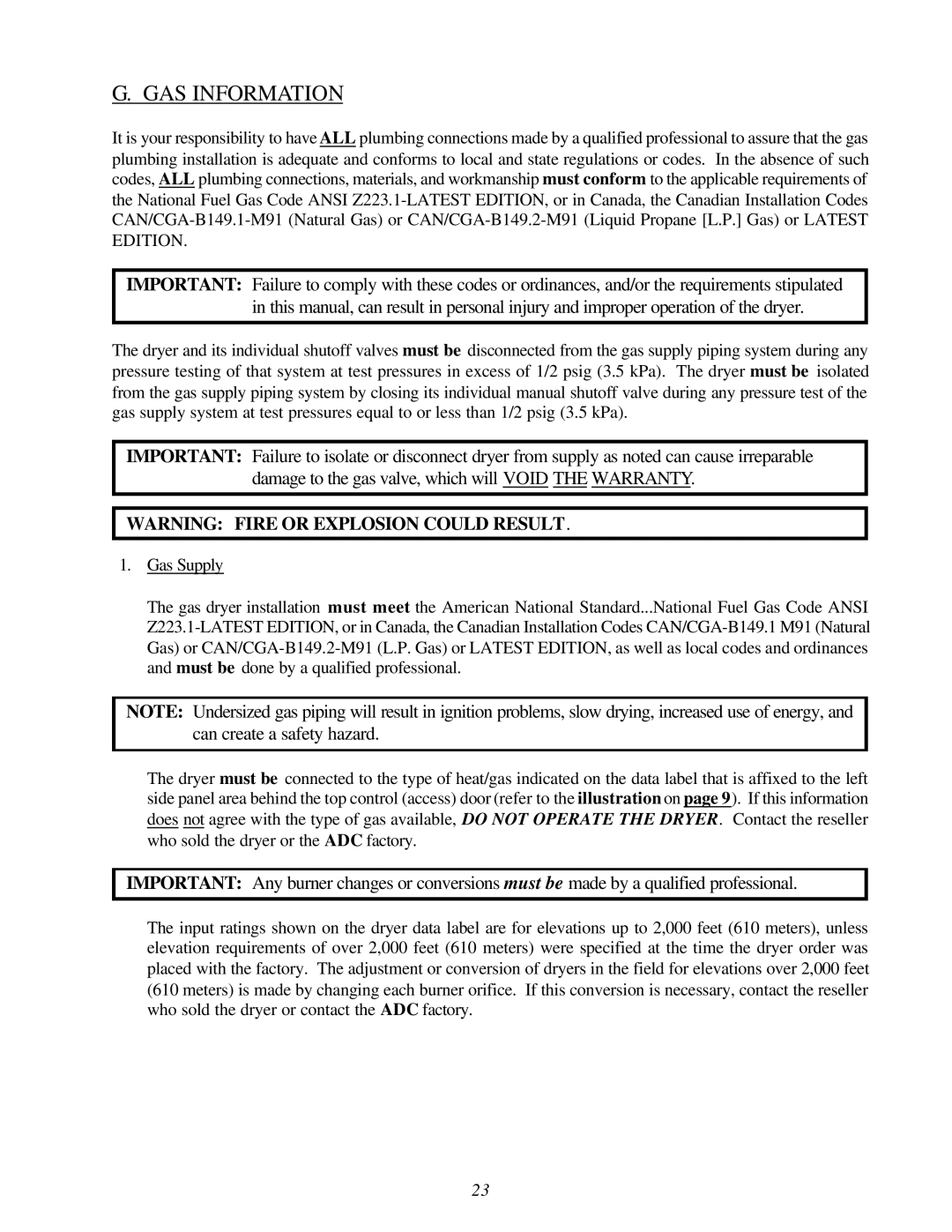 American Dryer Corp ML-122D installation manual GAS Information 