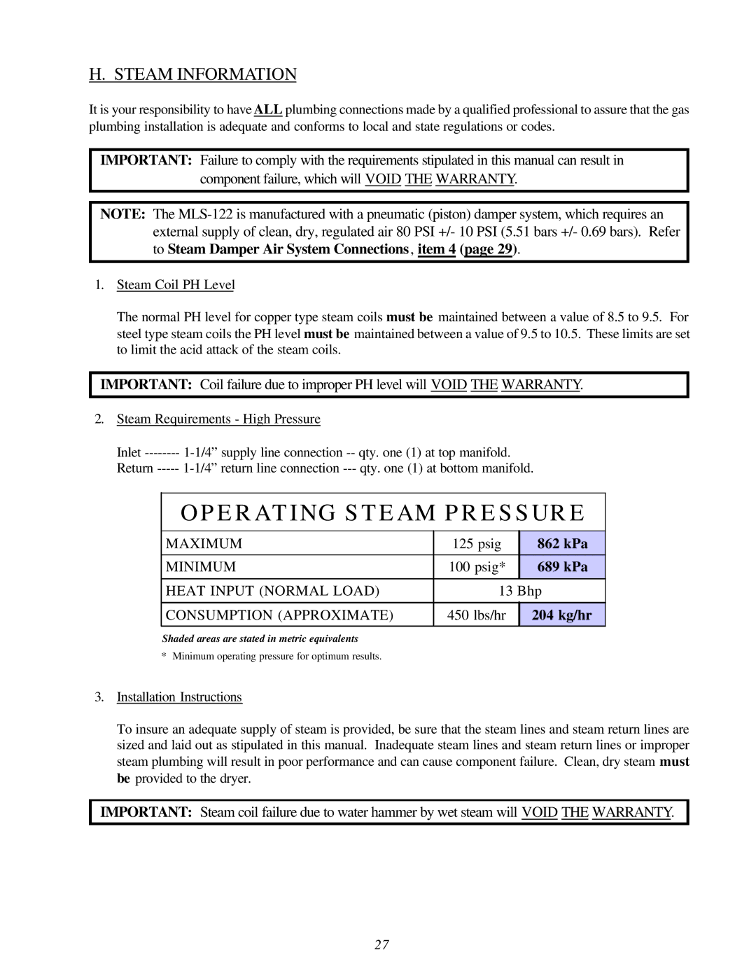 American Dryer Corp ML-122D installation manual Operating Steam Pressure, Steam Information 