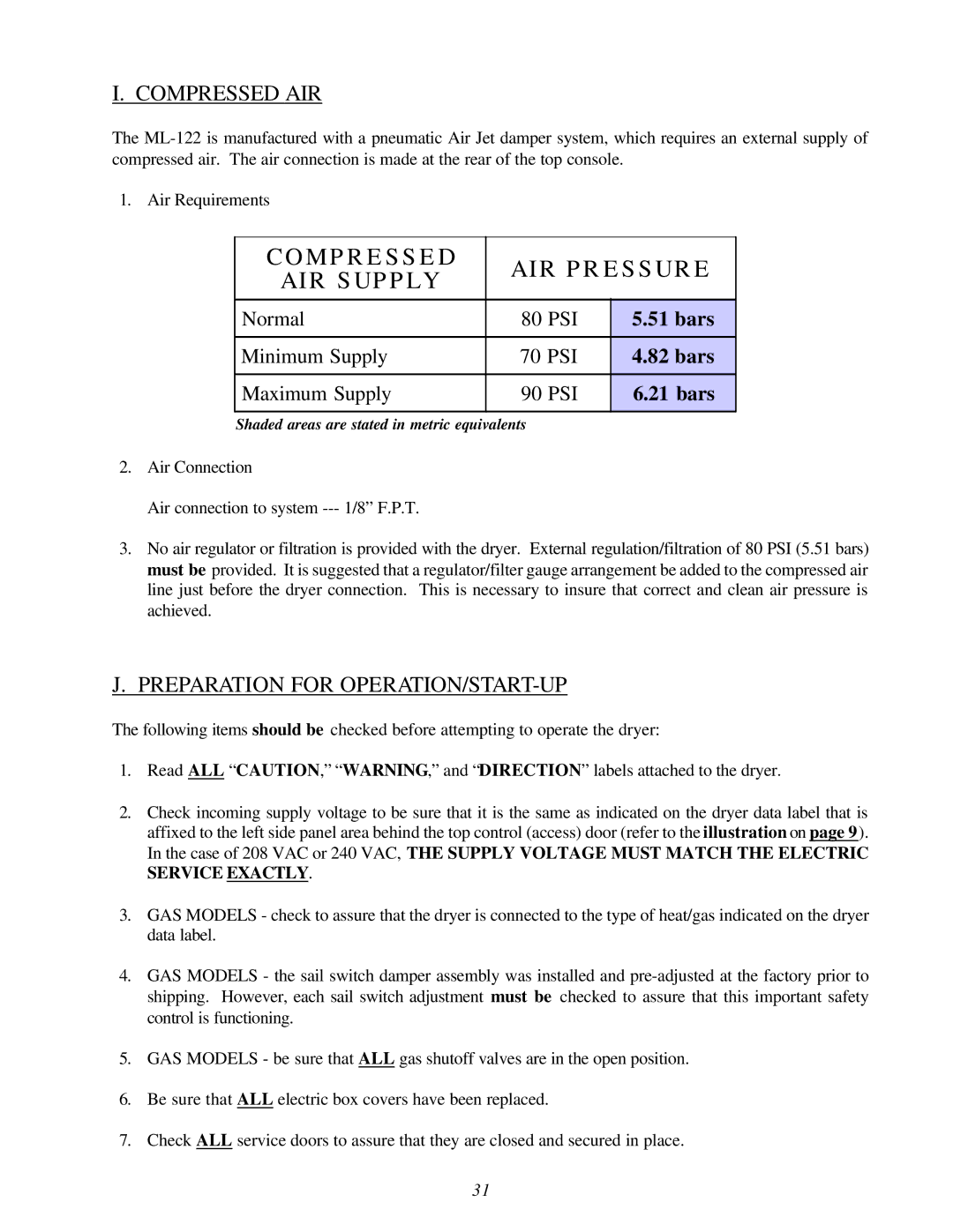 American Dryer Corp ML-122D installation manual Compressed AIR, Preparation for OPERATION/START-UP 