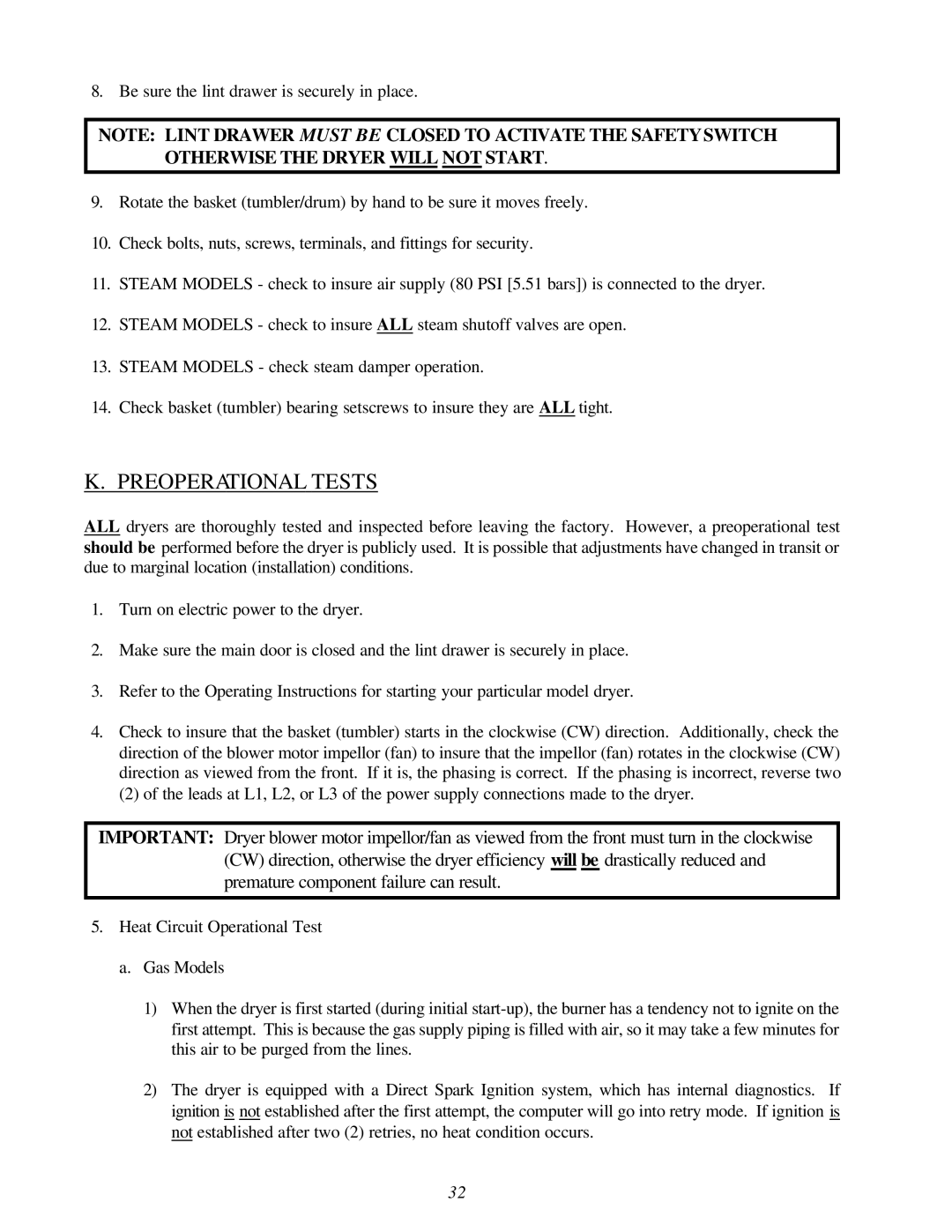 American Dryer Corp ML-122D installation manual Preoperational Tests 