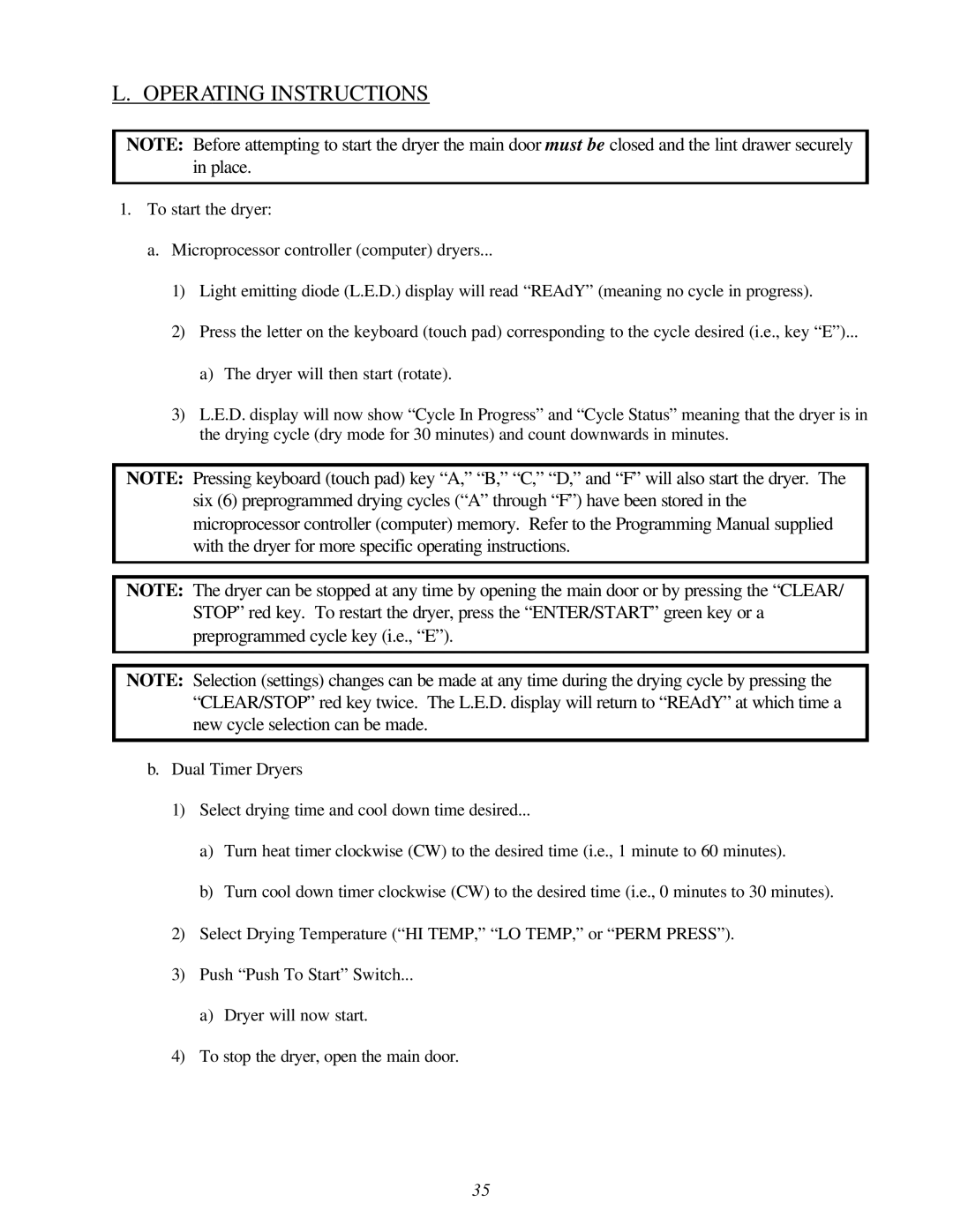 American Dryer Corp ML-122D installation manual Operating Instructions 