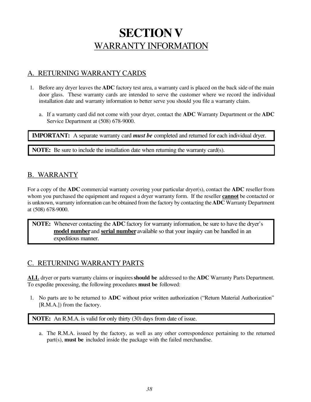 American Dryer Corp ML-122D installation manual Warranty Information, Returning Warranty Cards, Returning Warranty Parts 