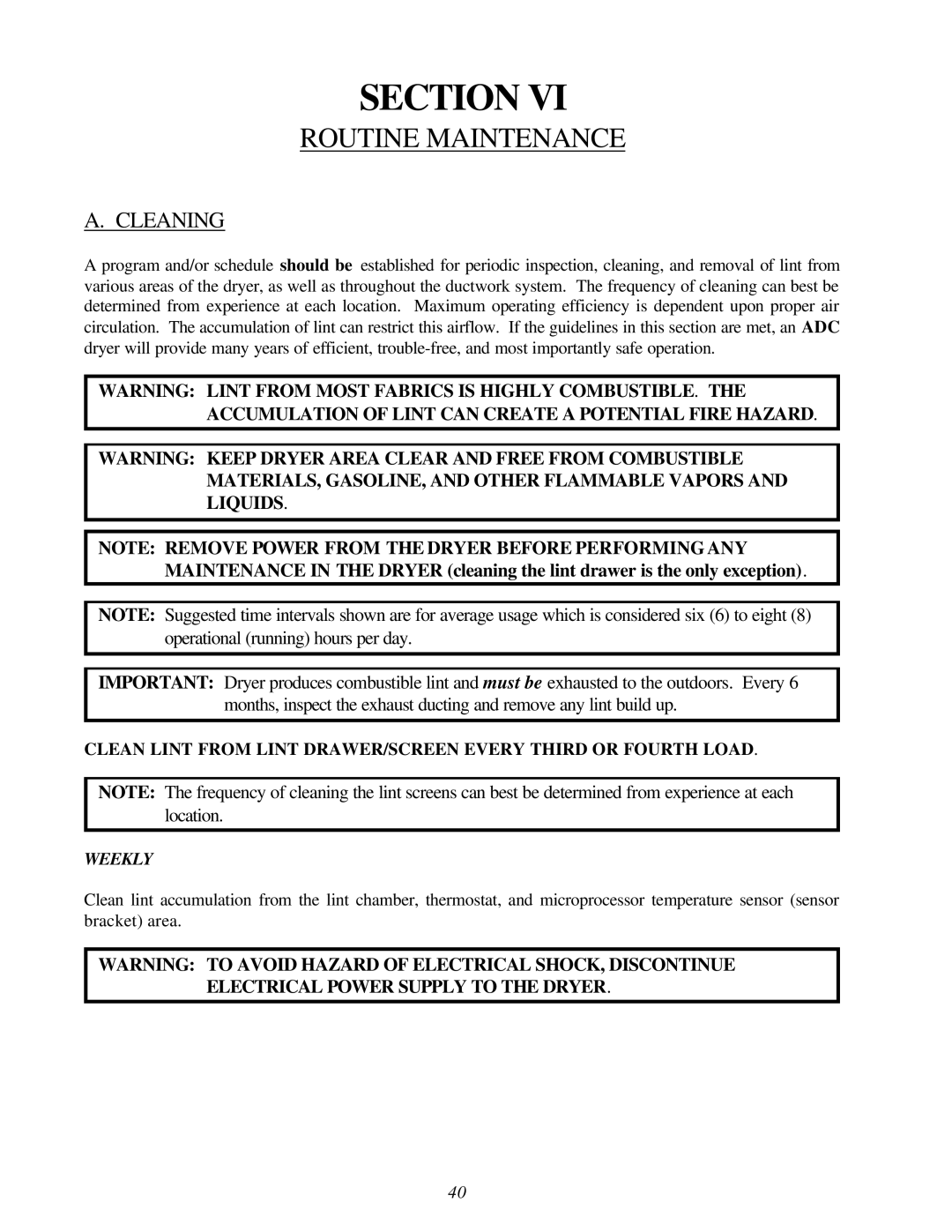 American Dryer Corp ML-122D installation manual Routine Maintenance, Cleaning 