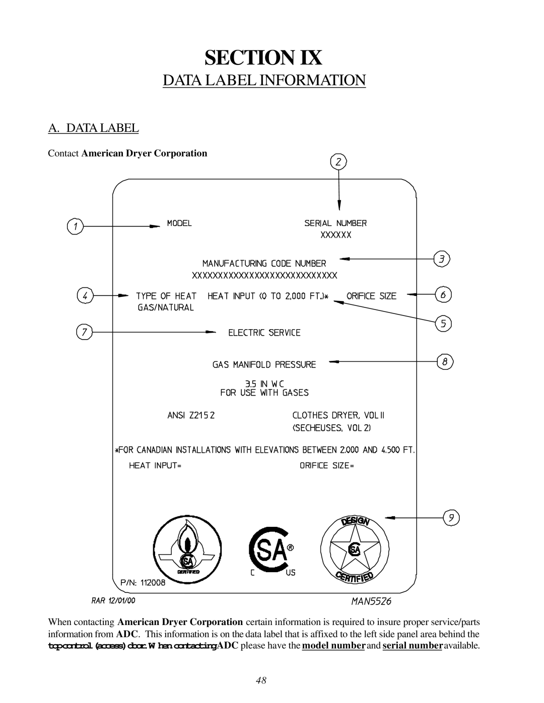 American Dryer Corp ML-122D installation manual Data Label Information 