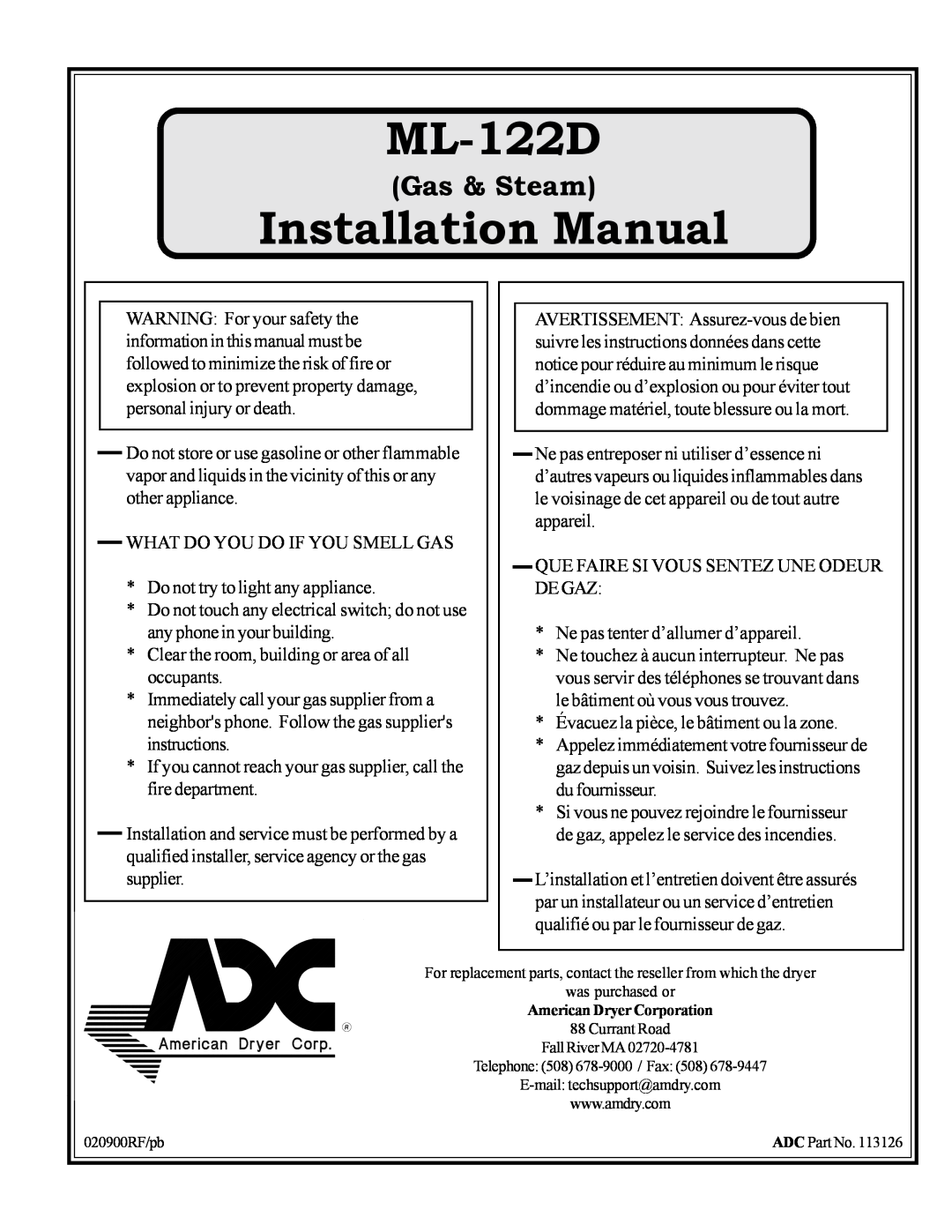 American Dryer Corp ML-122D installation manual Installation Manual, Gas & Steam 