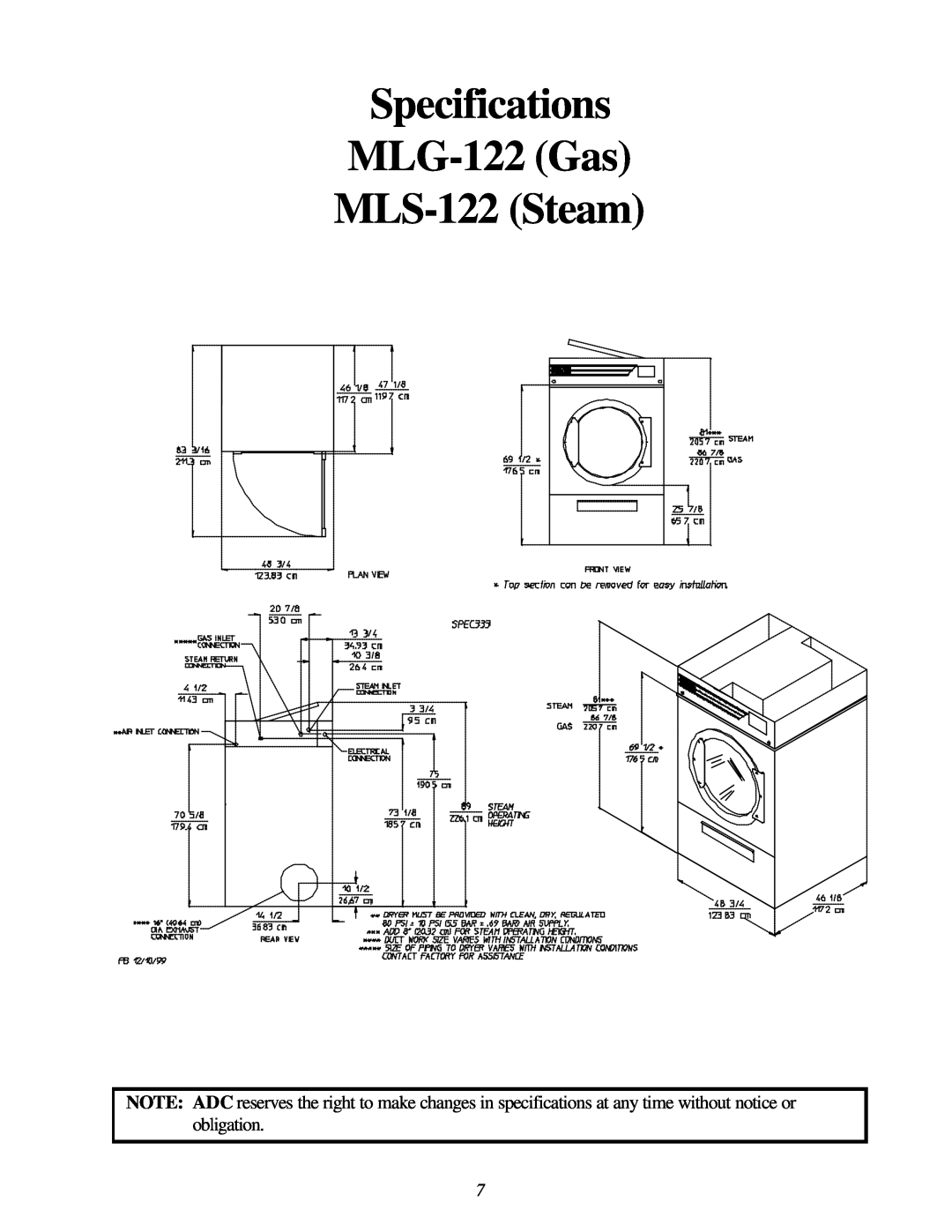 American Dryer Corp ML-122D installation manual Specifications MLG-122 Gas MLS-122 Steam 