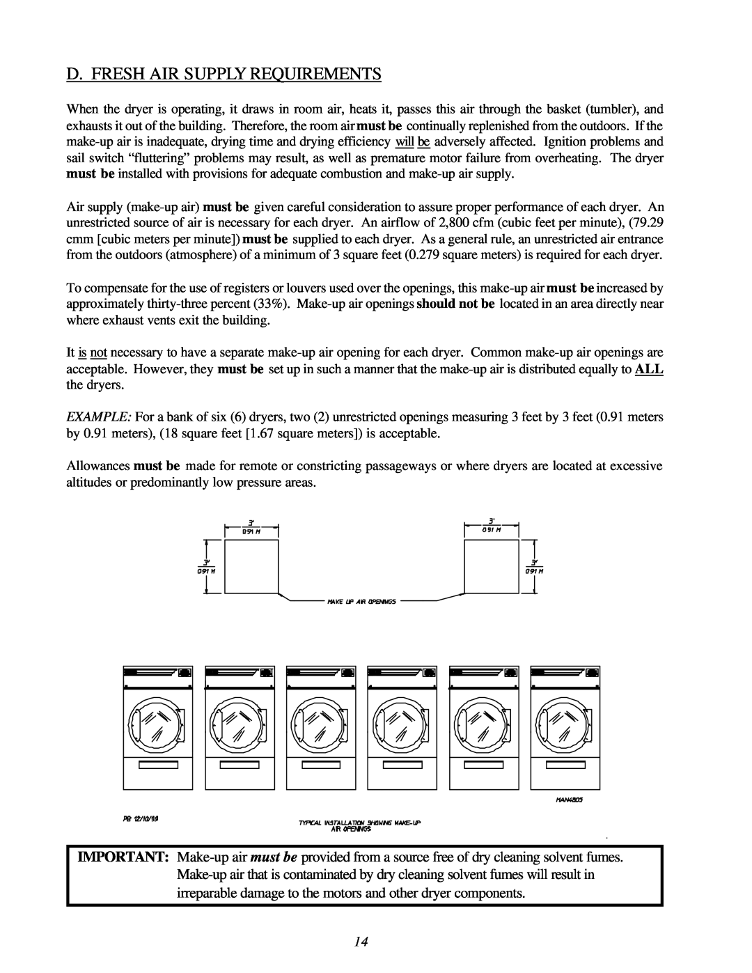 American Dryer Corp ML-122D installation manual D. Fresh Air Supply Requirements 