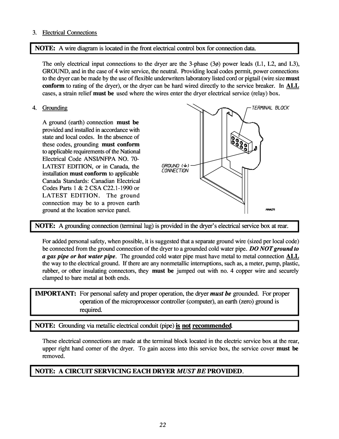 American Dryer Corp ML-122D installation manual Note A Circuit Servicing Each Dryer Must Be Provided 