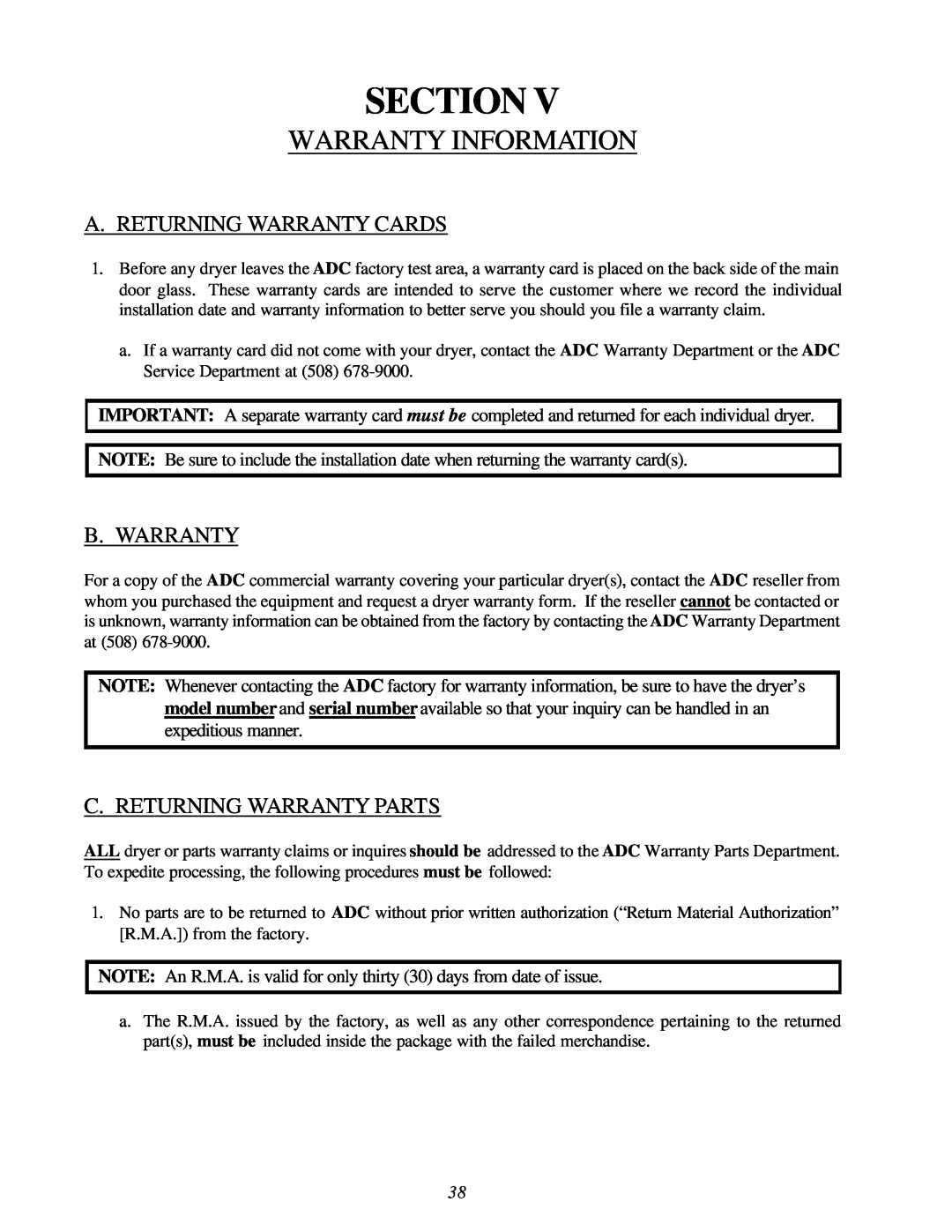 American Dryer Corp ML-122D installation manual Warranty Information, Section, A. Returning Warranty Cards, B. Warranty 