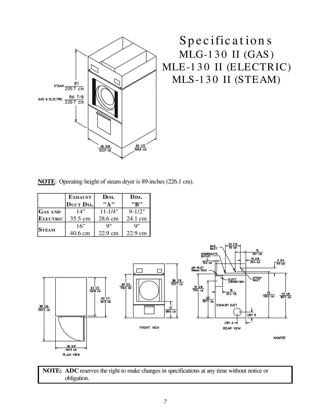 American Dryer Corp ML-130 II installation manual Specifications 