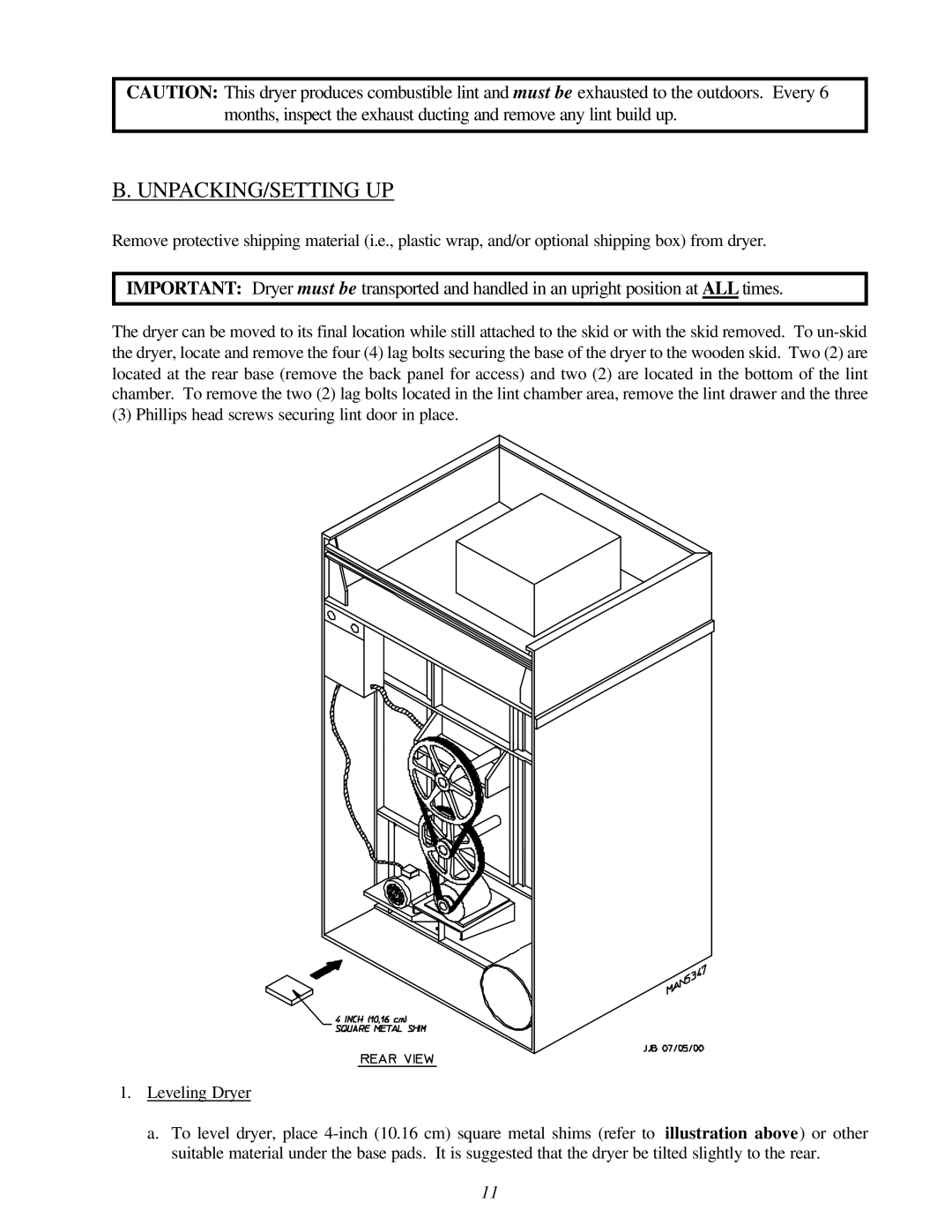 American Dryer Corp ML-130 II installation manual Unpacking/Setting Up 