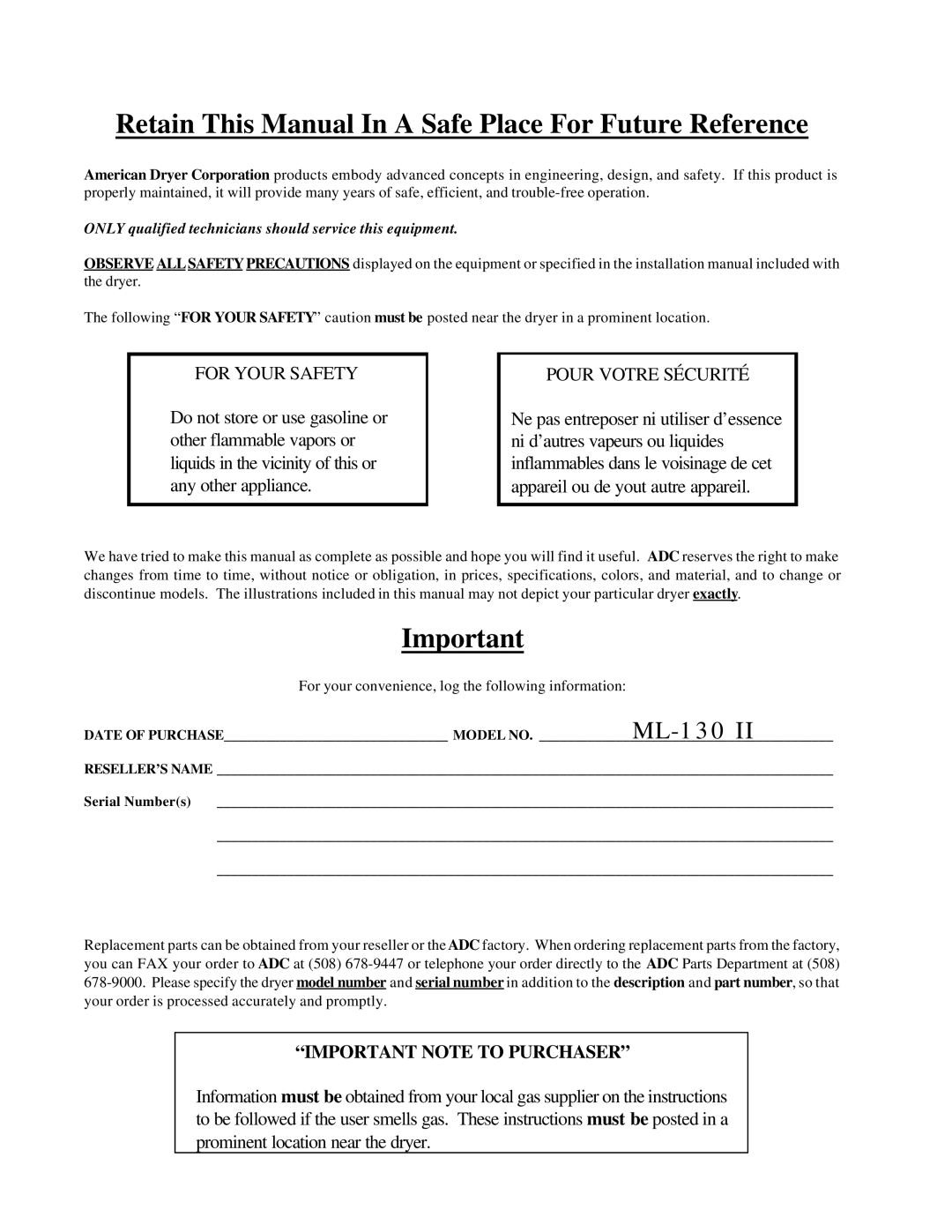 American Dryer Corp ML-130 II installation manual Retain This Manual In a Safe Place For Future Reference 