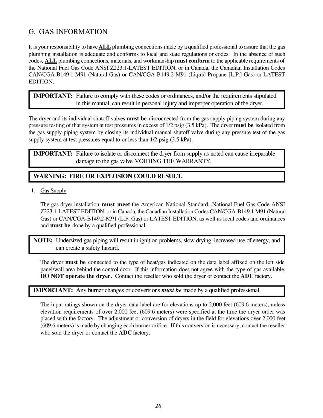 American Dryer Corp ML-130 II installation manual GAS Information 