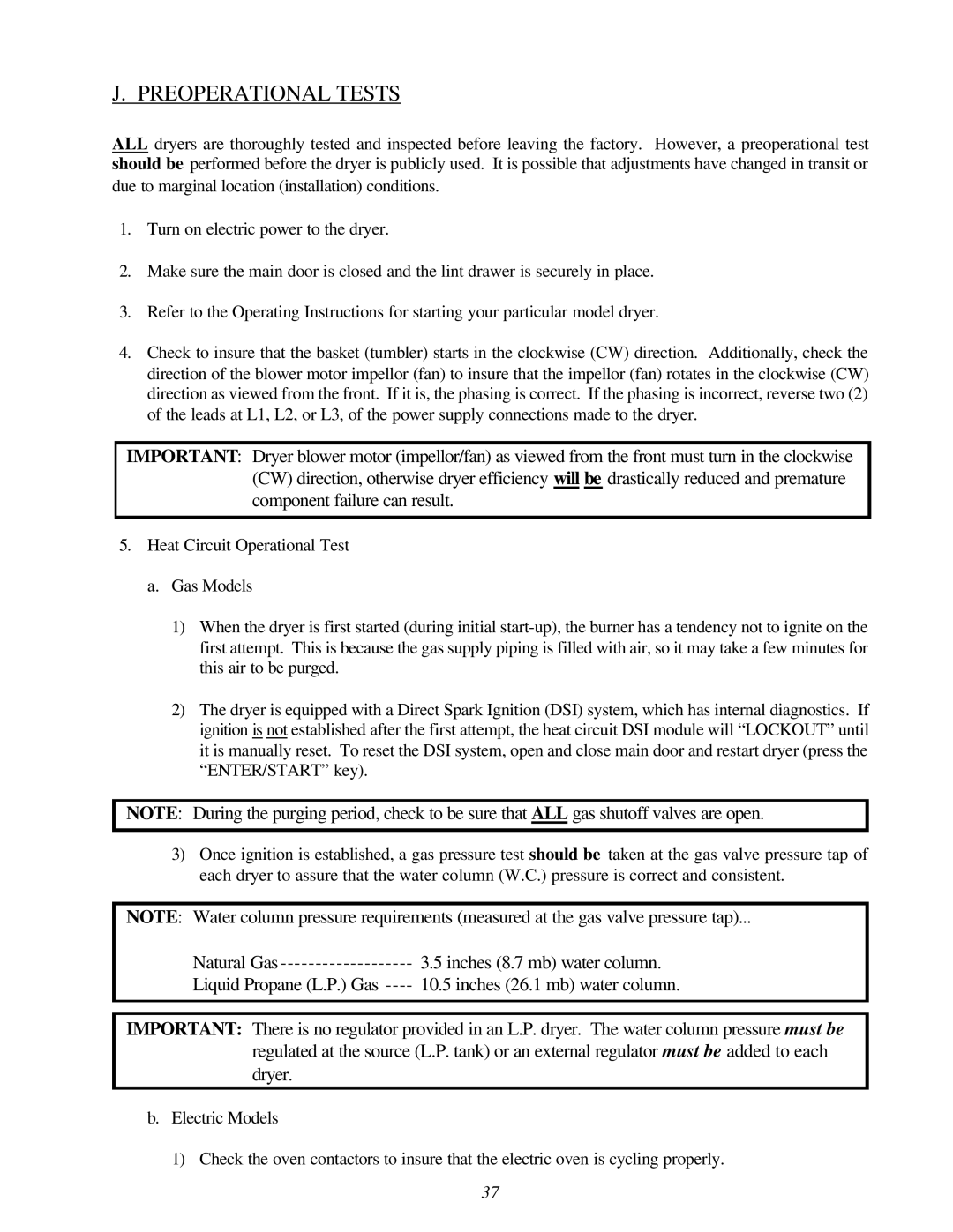 American Dryer Corp ML-130 II installation manual Preoperational Tests 