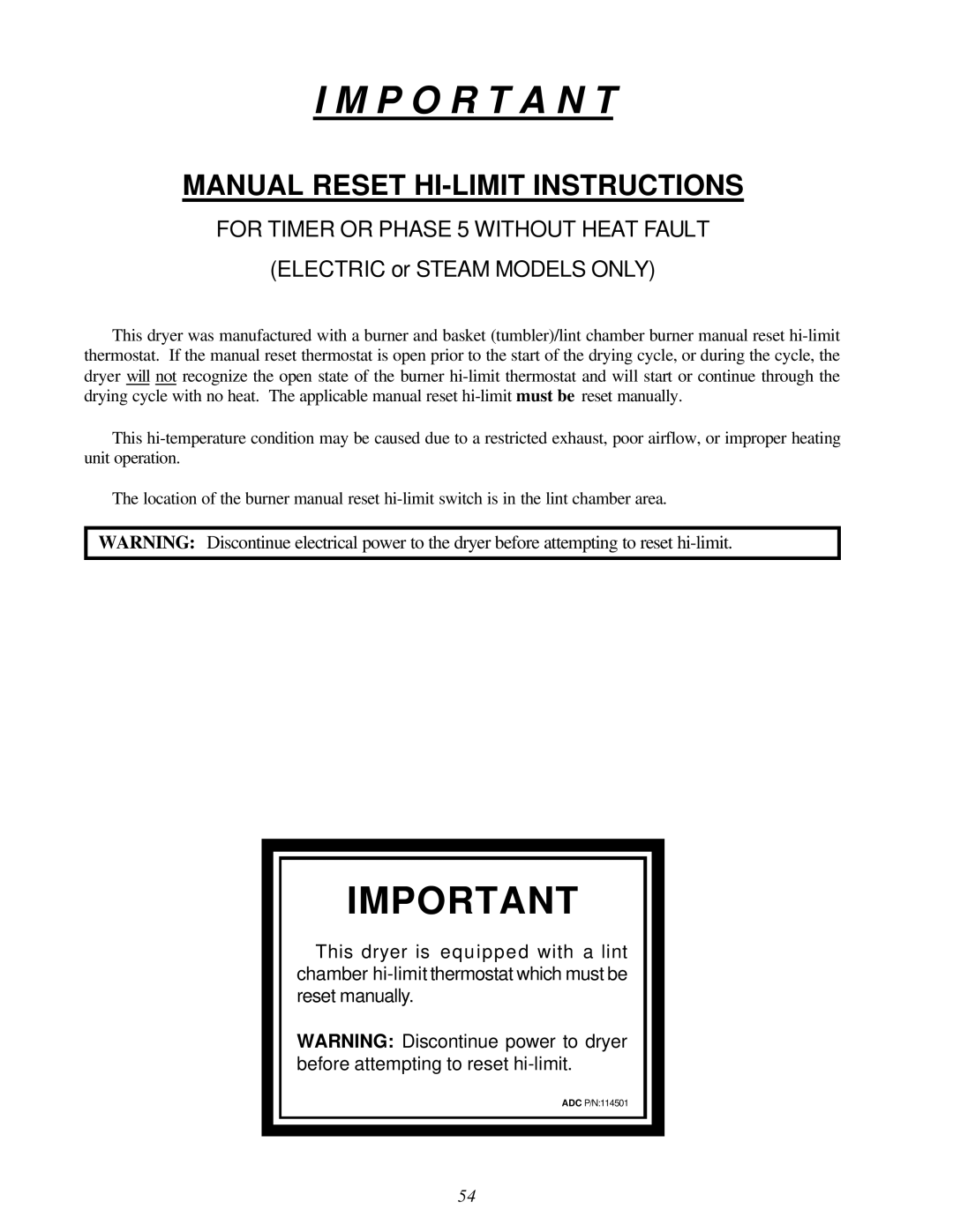 American Dryer Corp ML-130 II installation manual For Timer or Phase 5 Without Heat Fault 