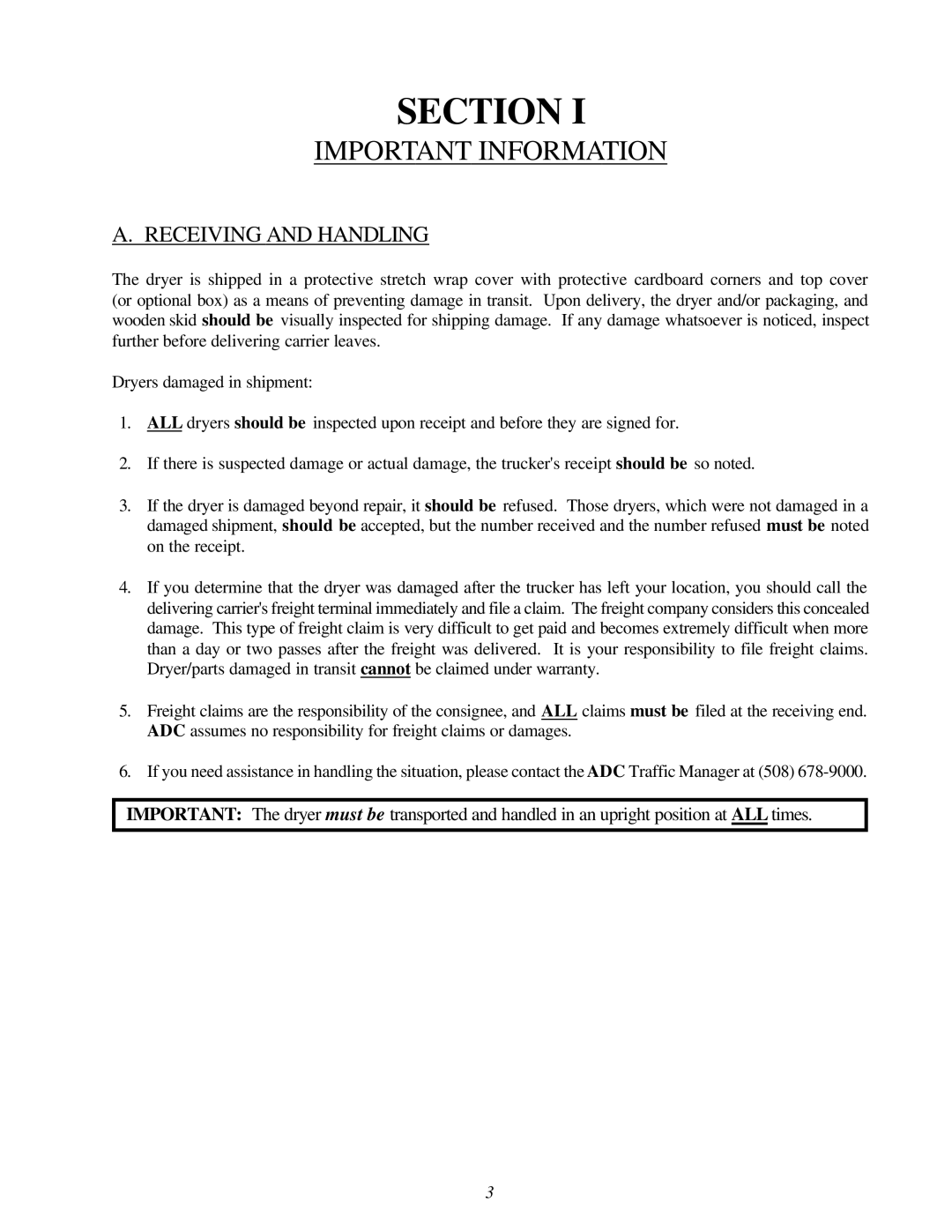 American Dryer Corp ML-130 II installation manual Important Information, Receiving and Handling 